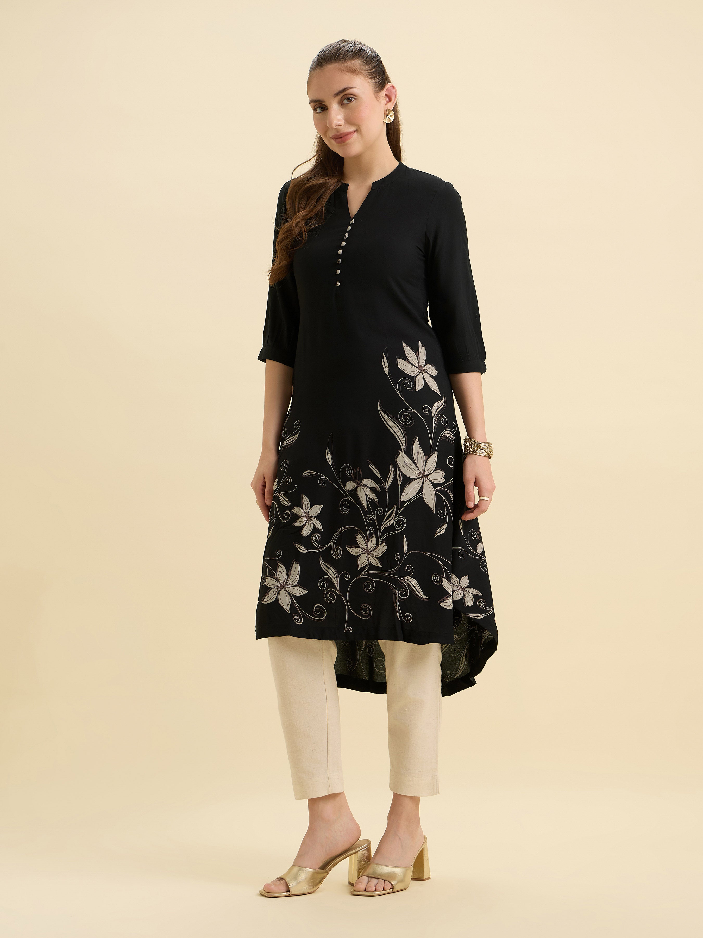 Black Flared Up And Down Printed Kurti