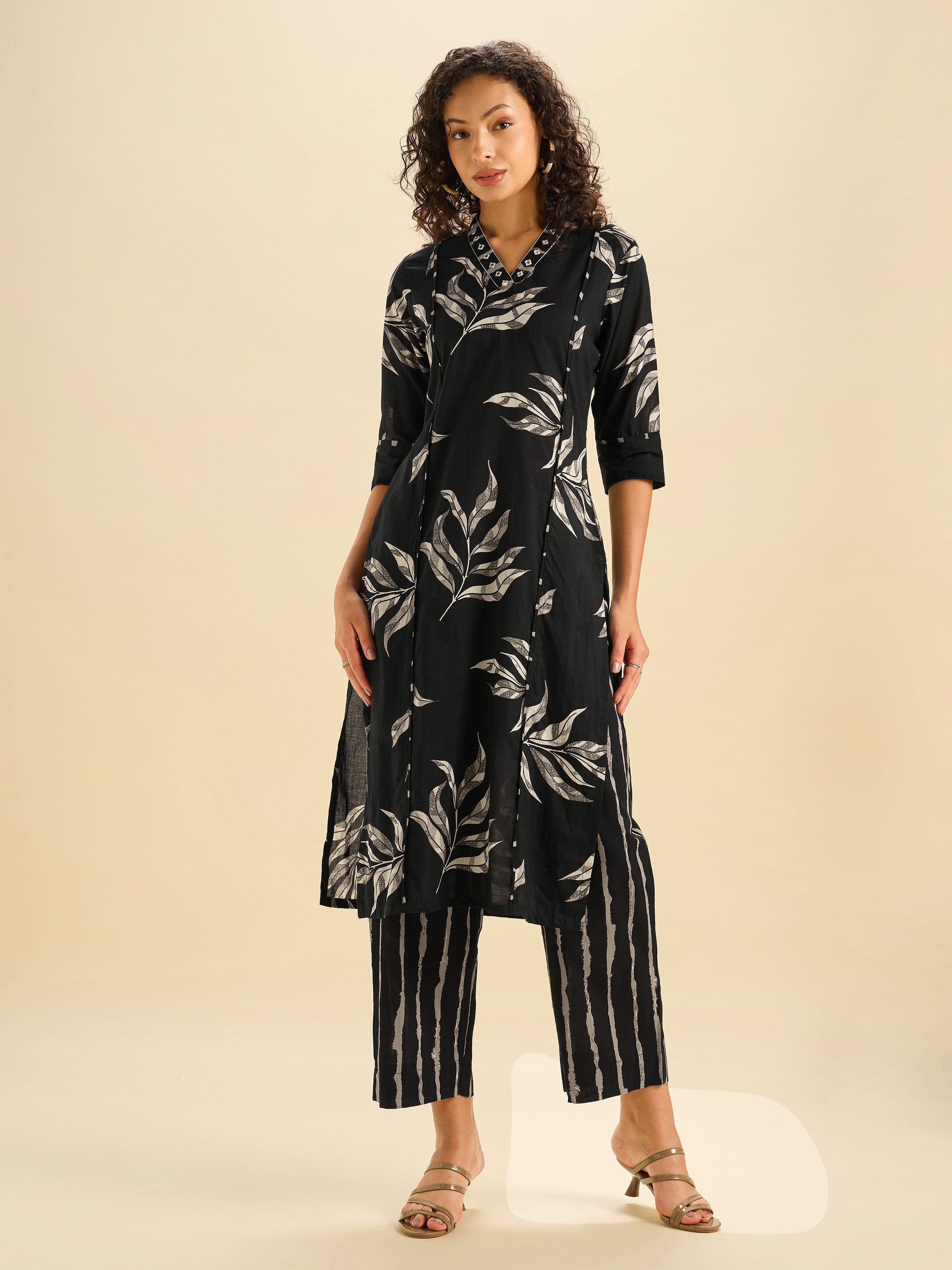 Black Ivory Cotton Printed Kurti Set With Mirror Embroidery