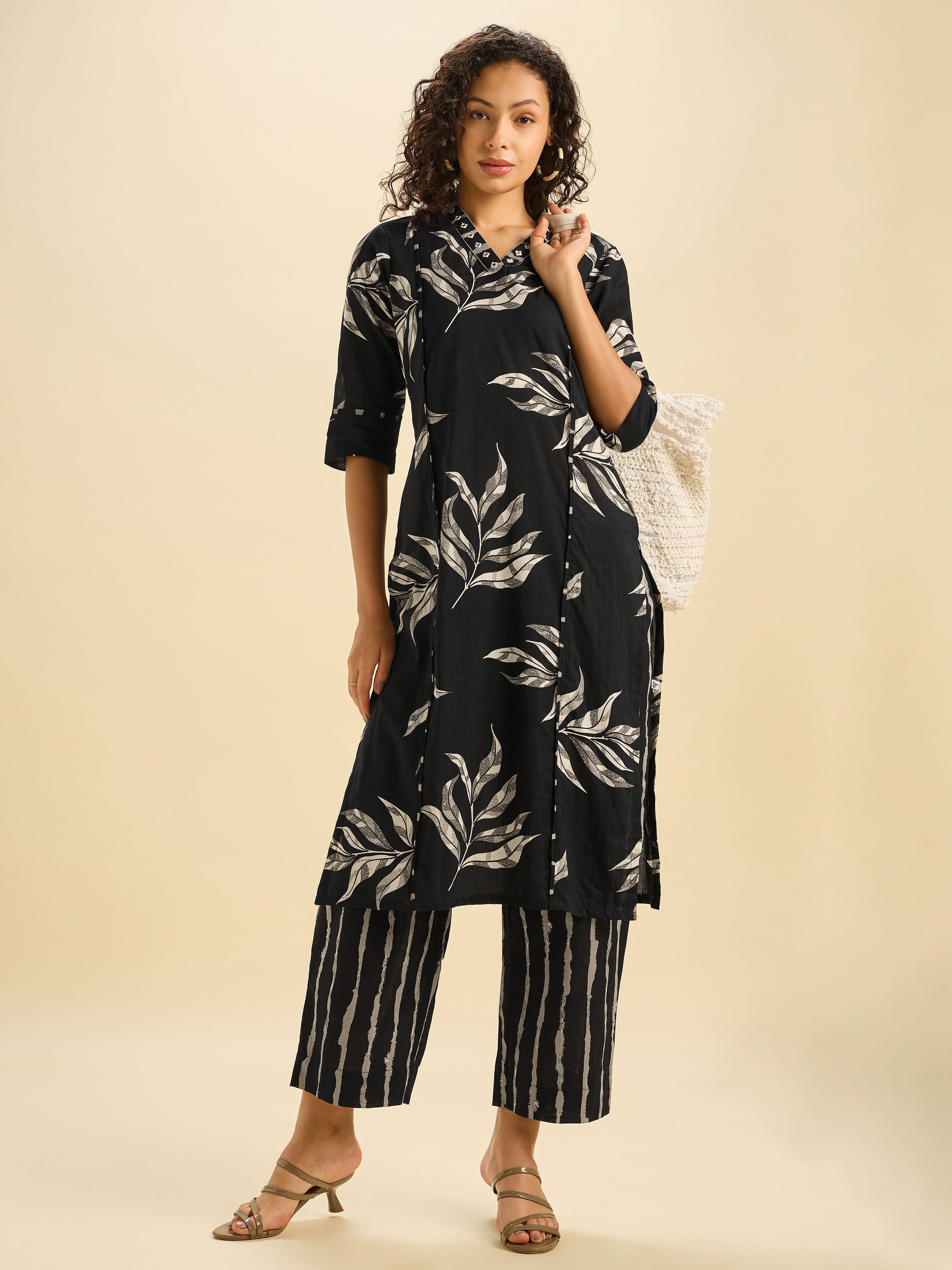 Black Ivory Cotton Printed Kurti Set With Mirror Embroidery
