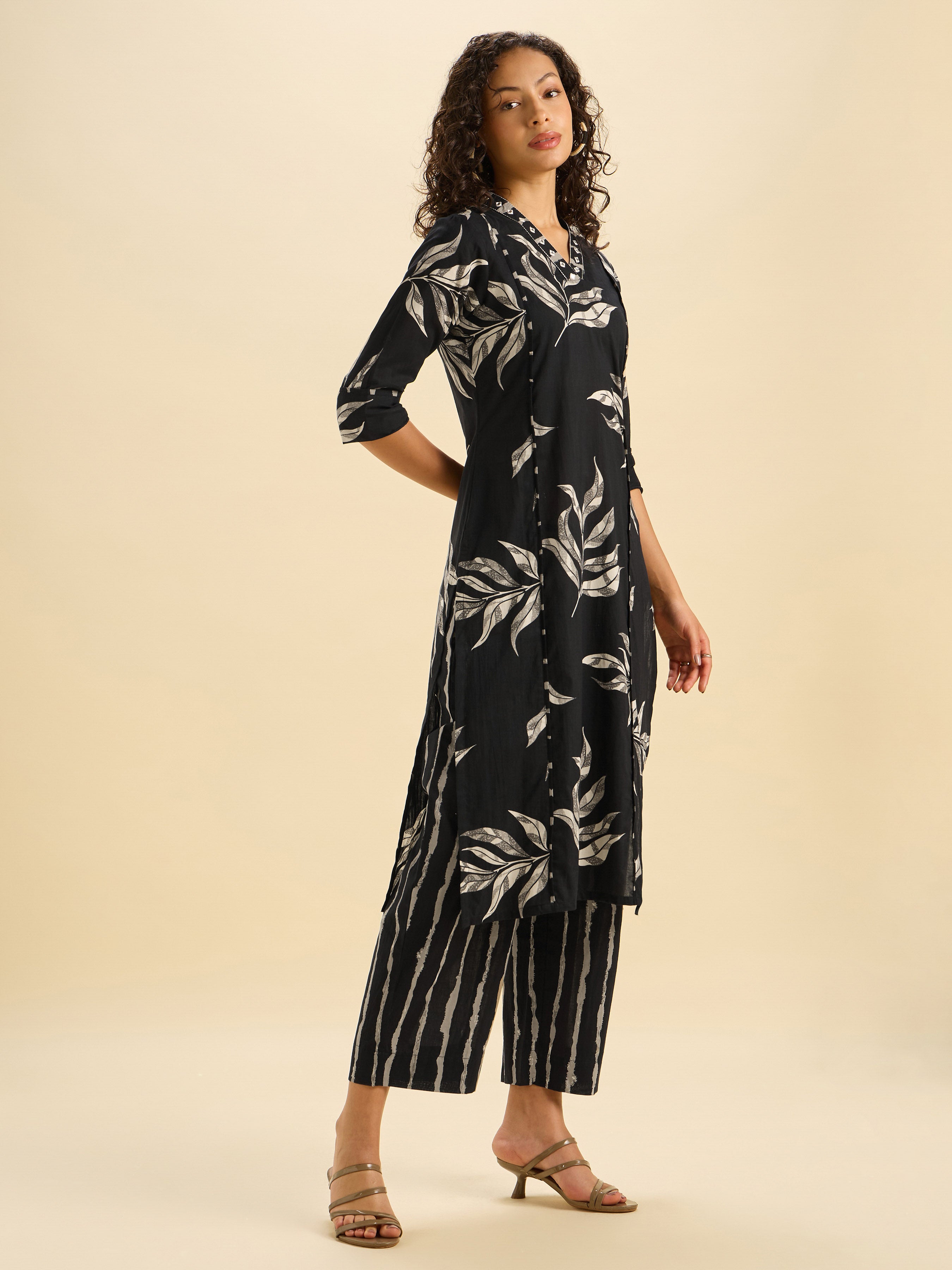 Black Ivory Cotton Printed Kurti Set With Mirror Embroidery