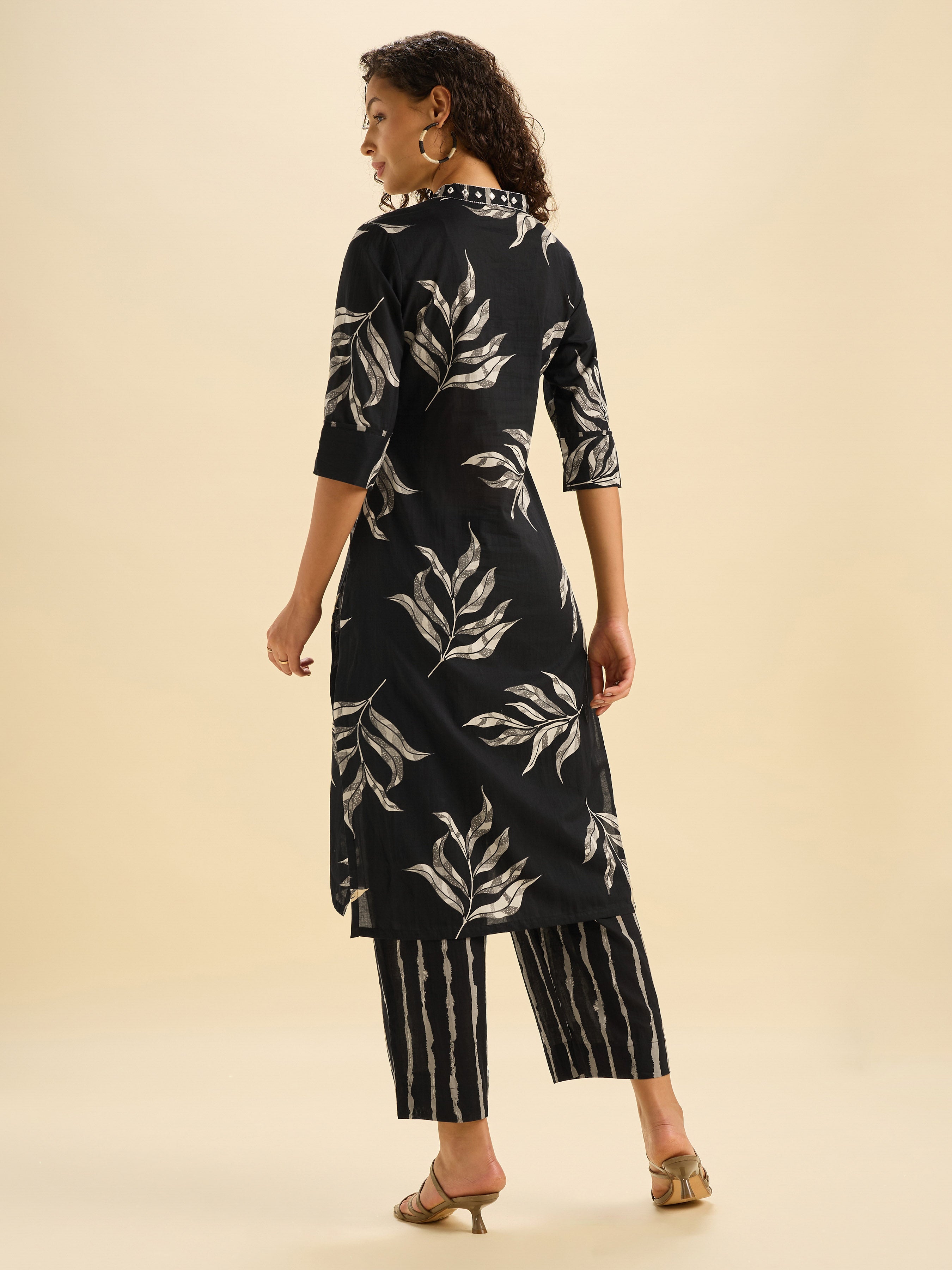 Black Ivory Cotton Printed Kurti Set With Mirror Embroidery