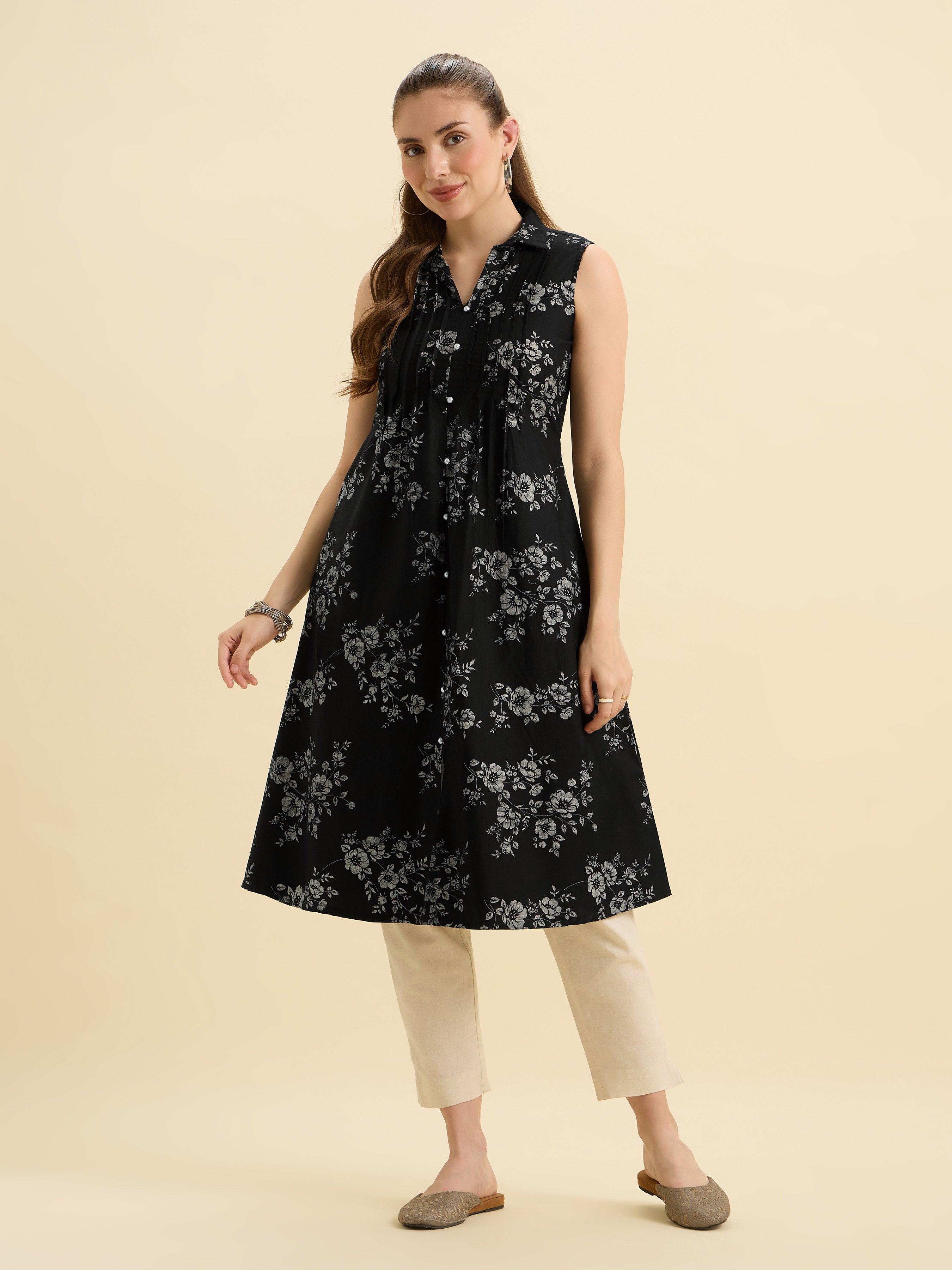 Black Ivory Cotton Satin Printed Flared Kurti With Pleats