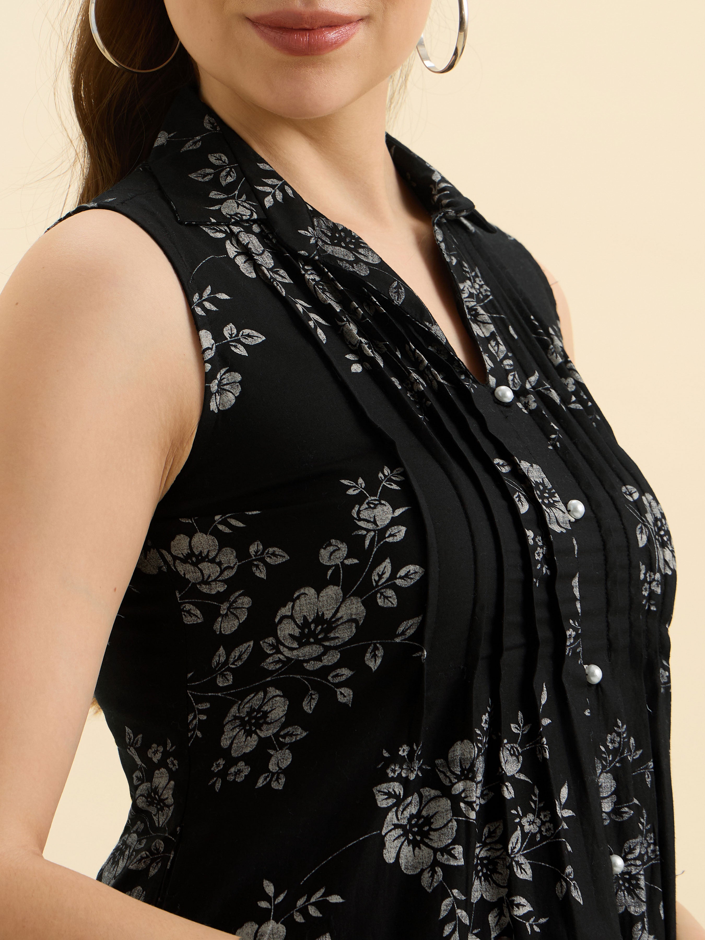 Black Ivory Cotton Satin Printed Flared Kurti With Pleats