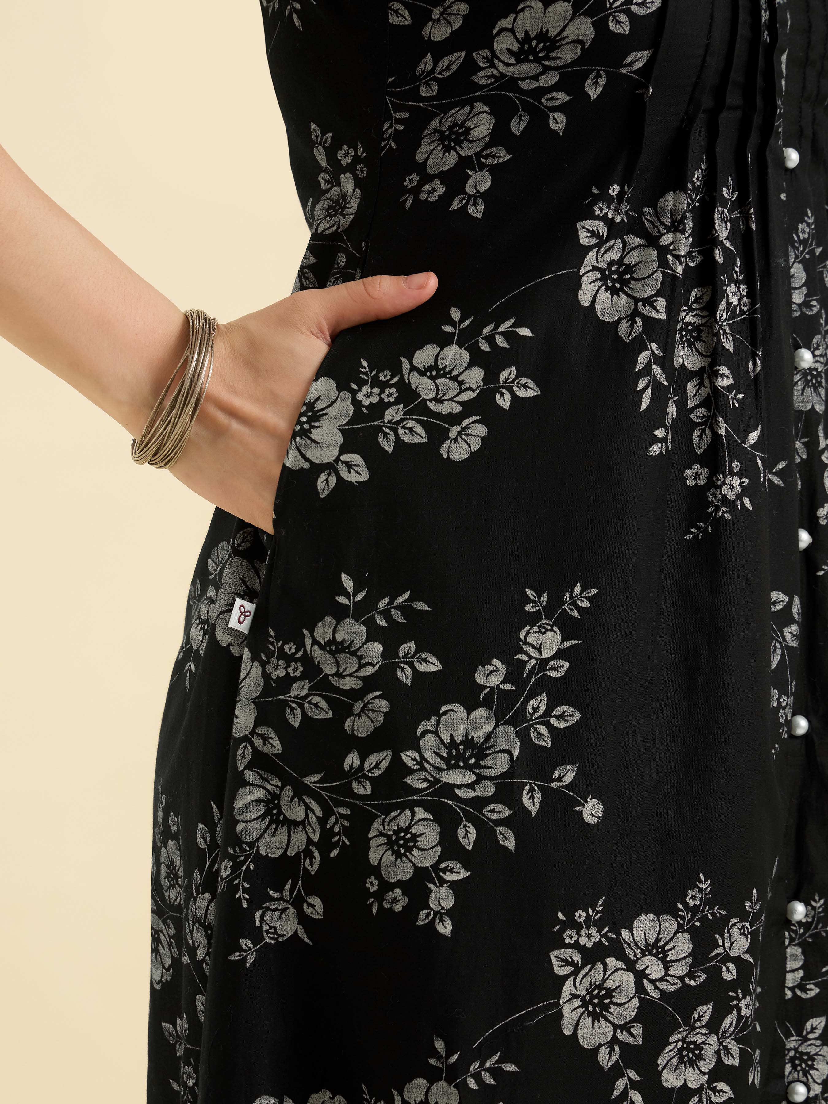 Black Ivory Cotton Satin Printed Flared Kurti With Pleats