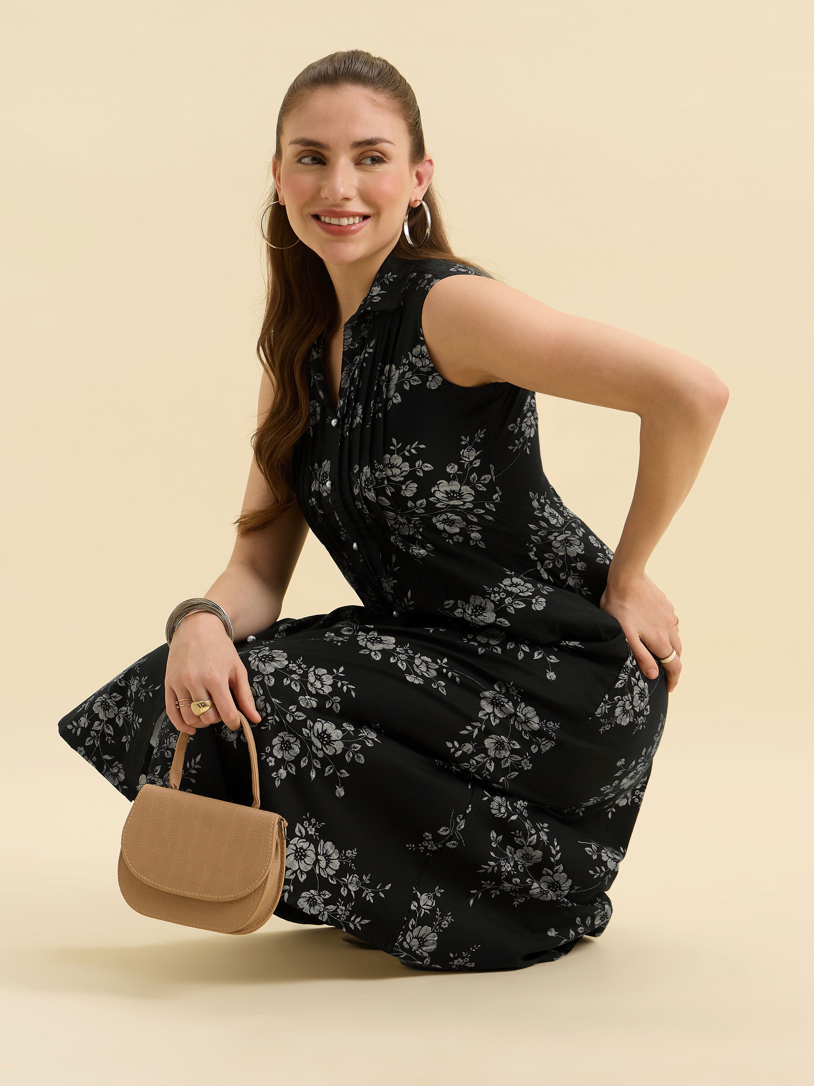 Black Ivory Cotton Satin Printed Flared Kurti With Pleats