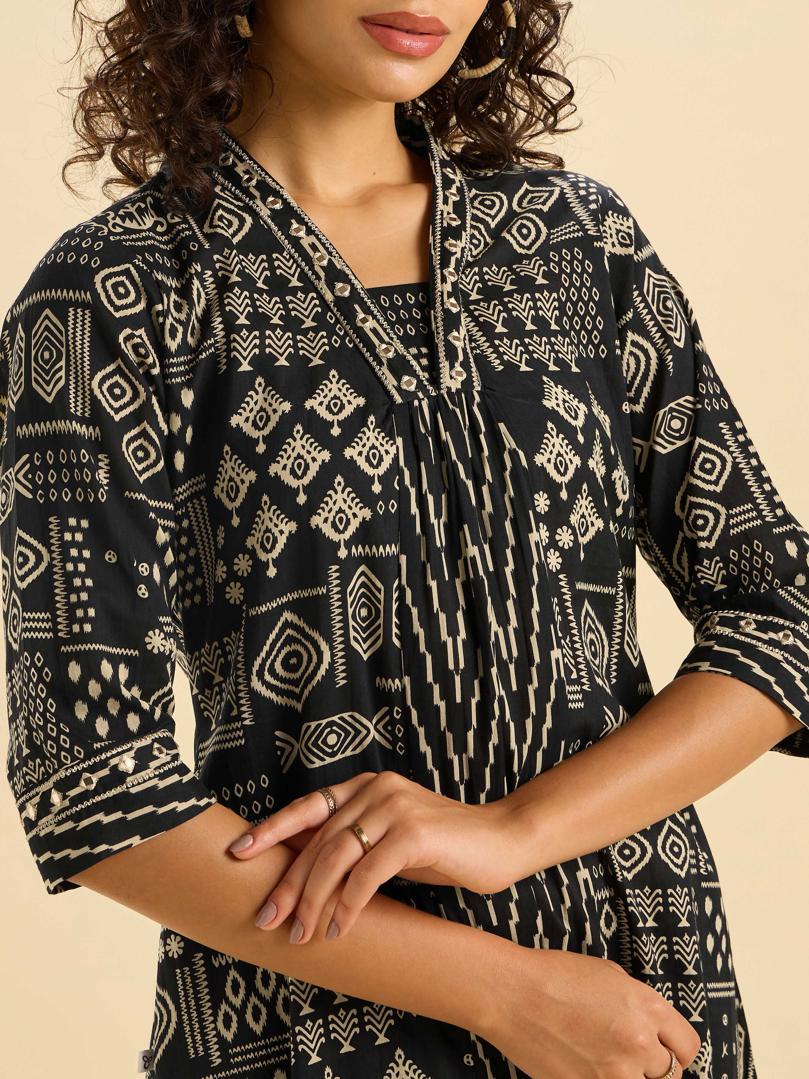 Black Ivory Pure Cotton Printed Flared Kurti Set With Mirror Work