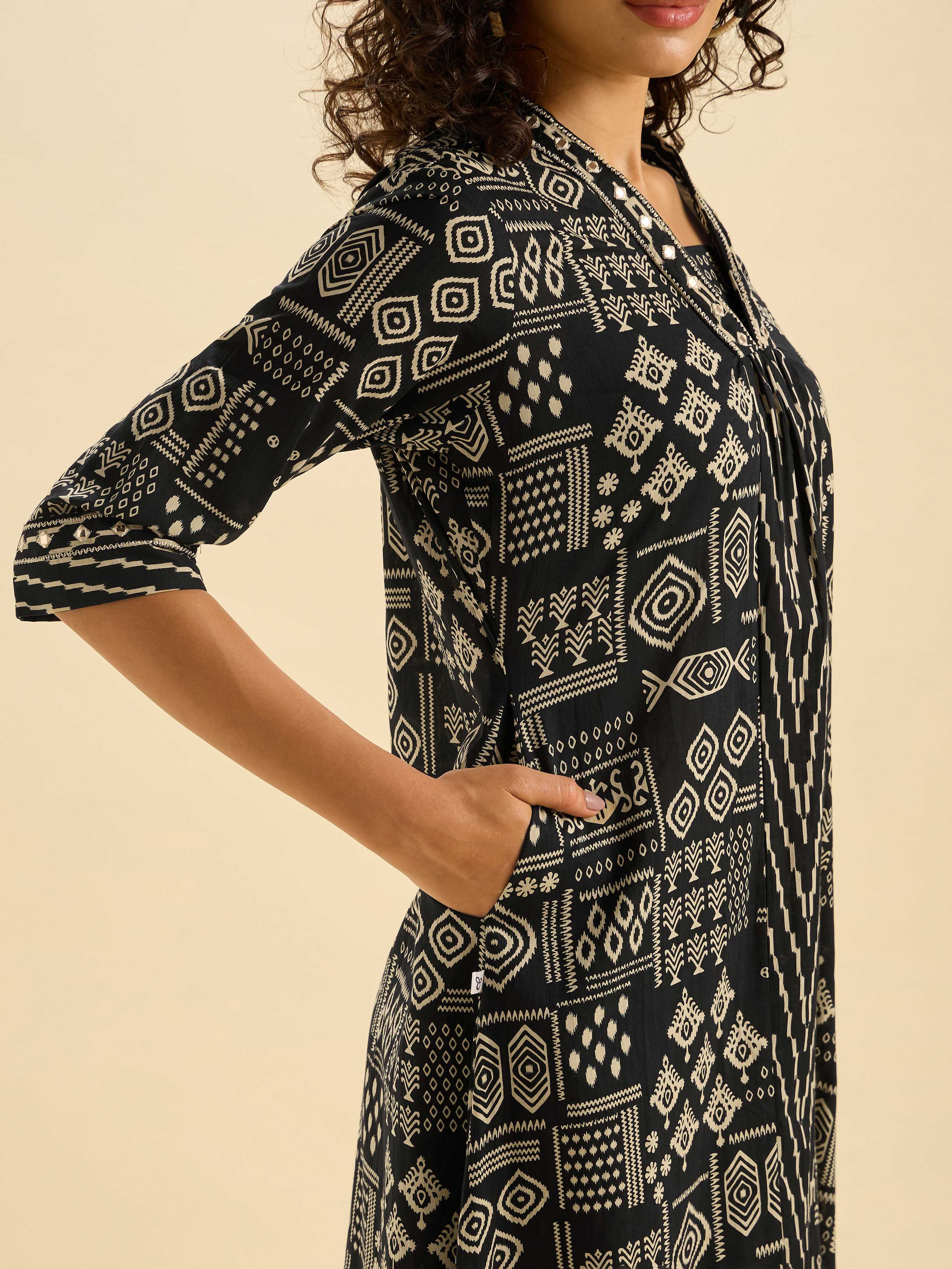 Black Ivory Pure Cotton Printed Flared Kurti Set With Mirror Work