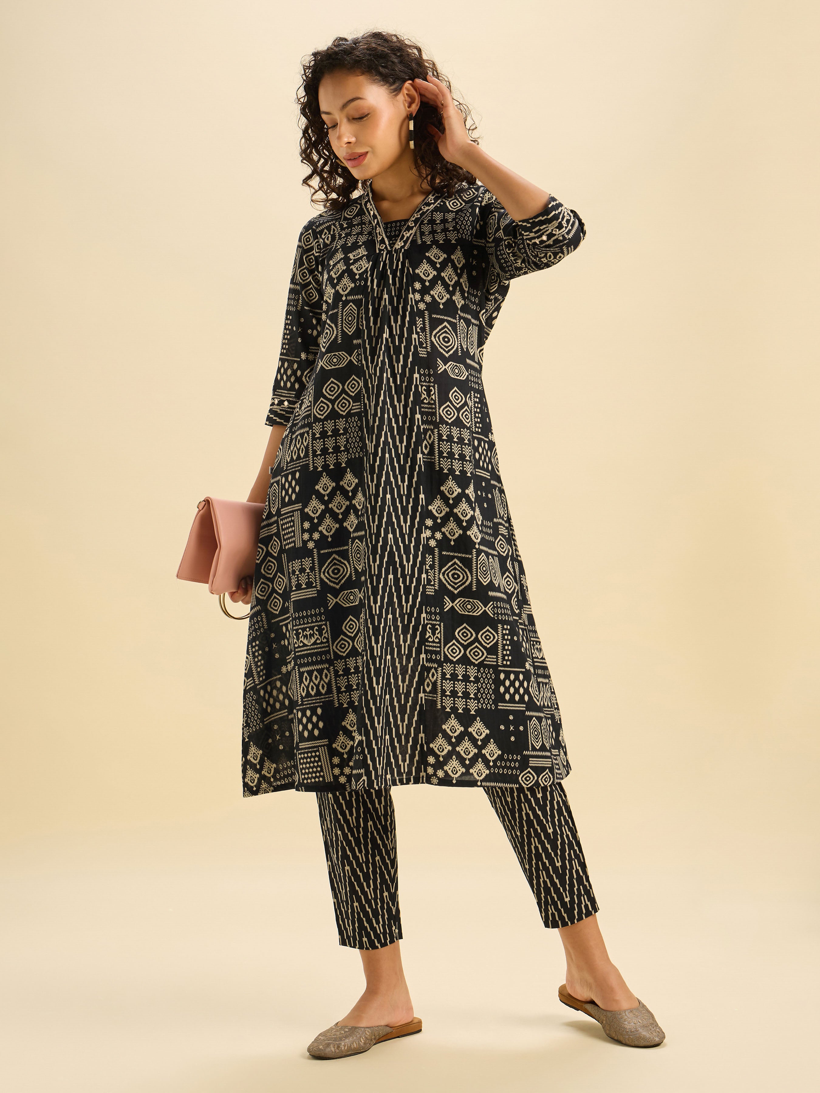 Black Ivory Pure Cotton Printed Flared Kurti Set With Mirror Work
