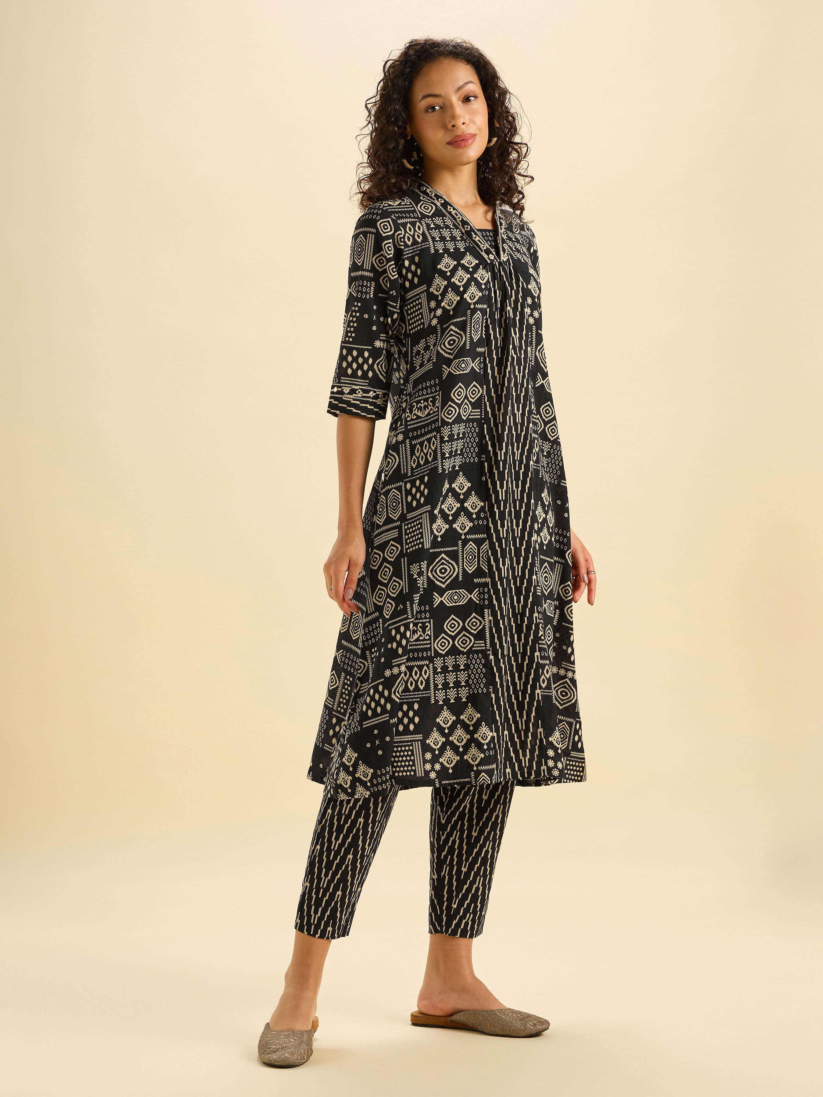 Black Ivory Pure Cotton Printed Flared Kurti Set With Mirror Work