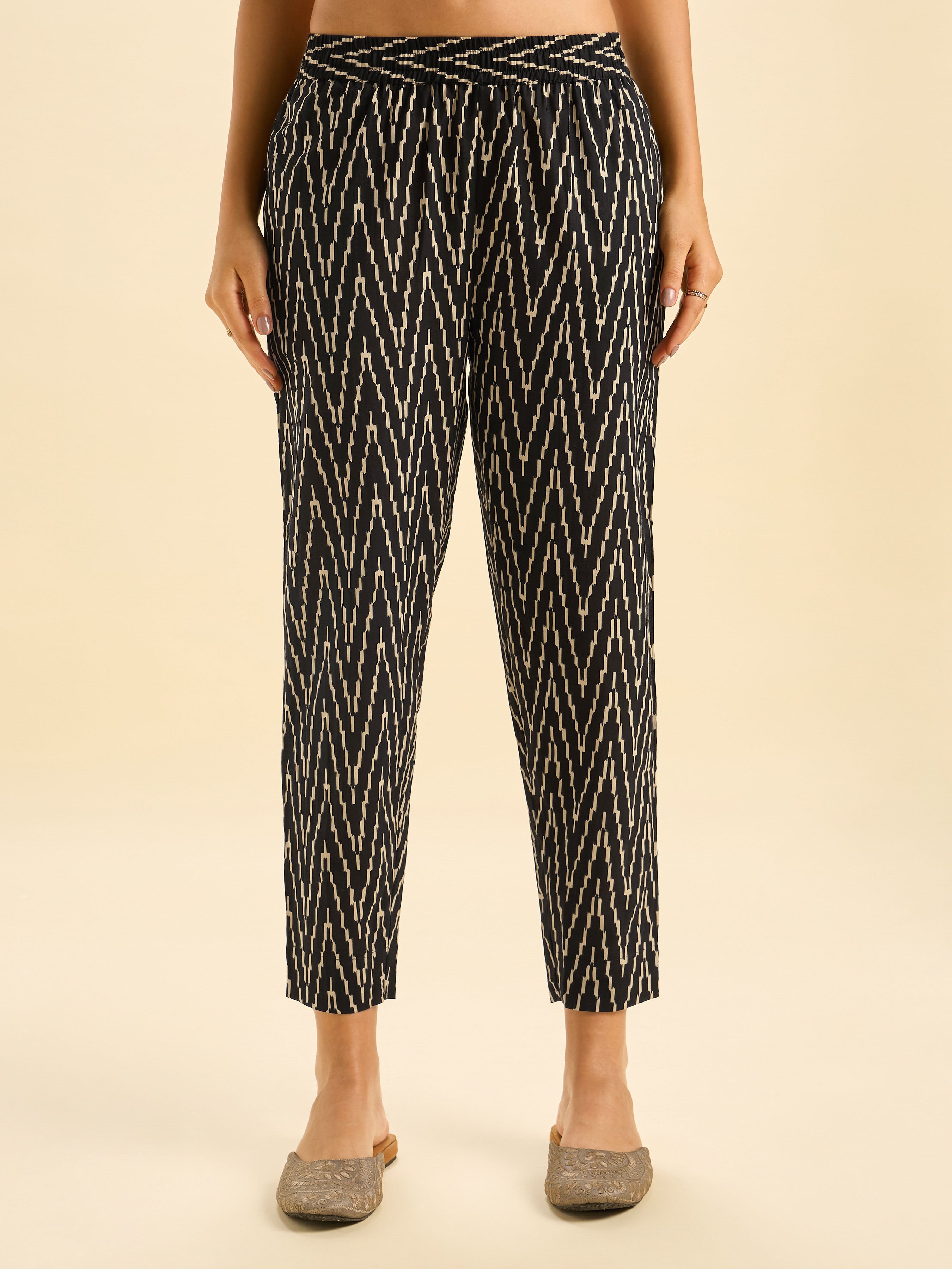 Black Ivory Pure Cotton Printed Flared Kurti Set With Mirror Work