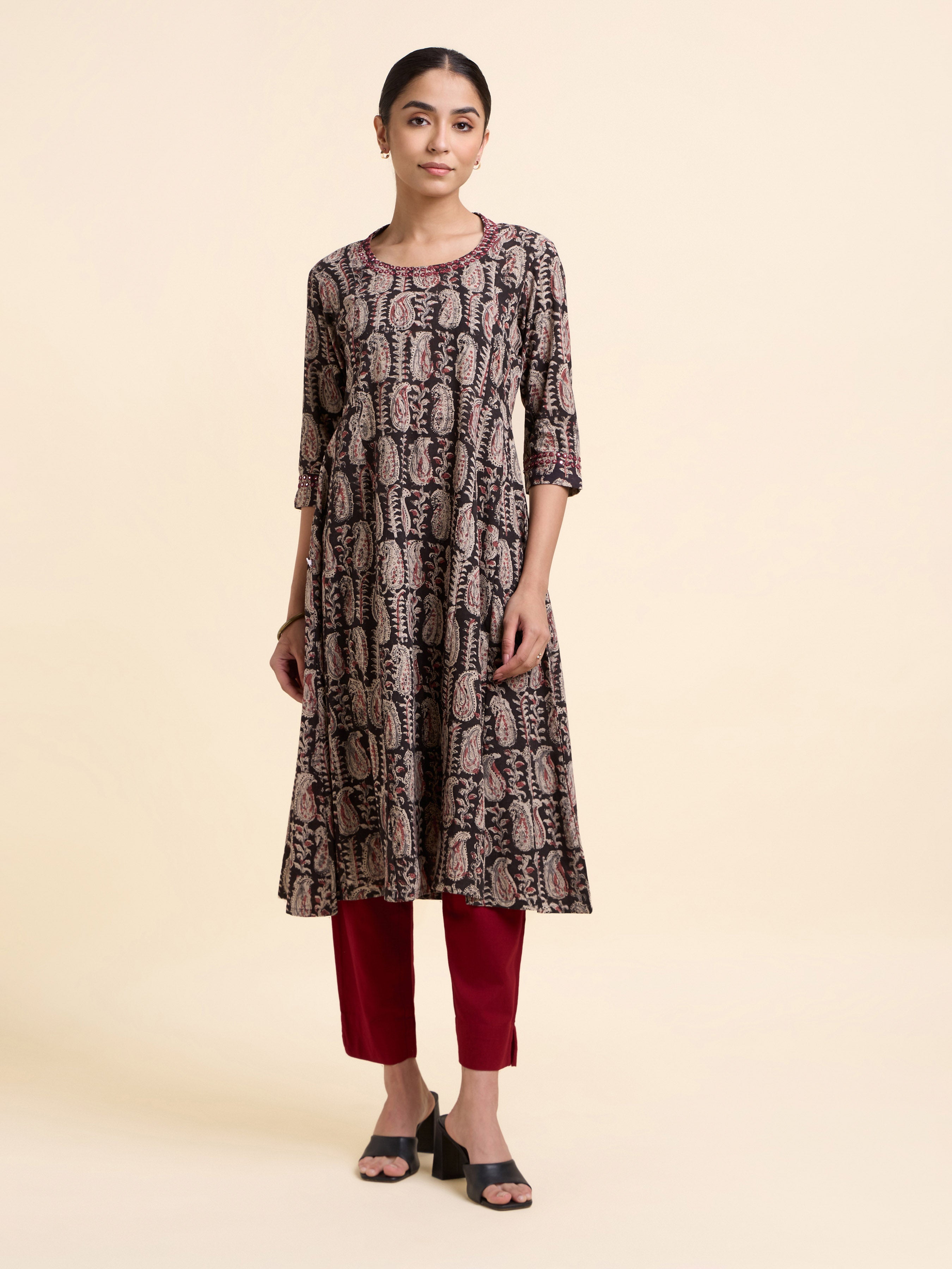 Black Multi Colored Cotton Printed Flared Panel Cut Kurti With Mirror Work Embroidery