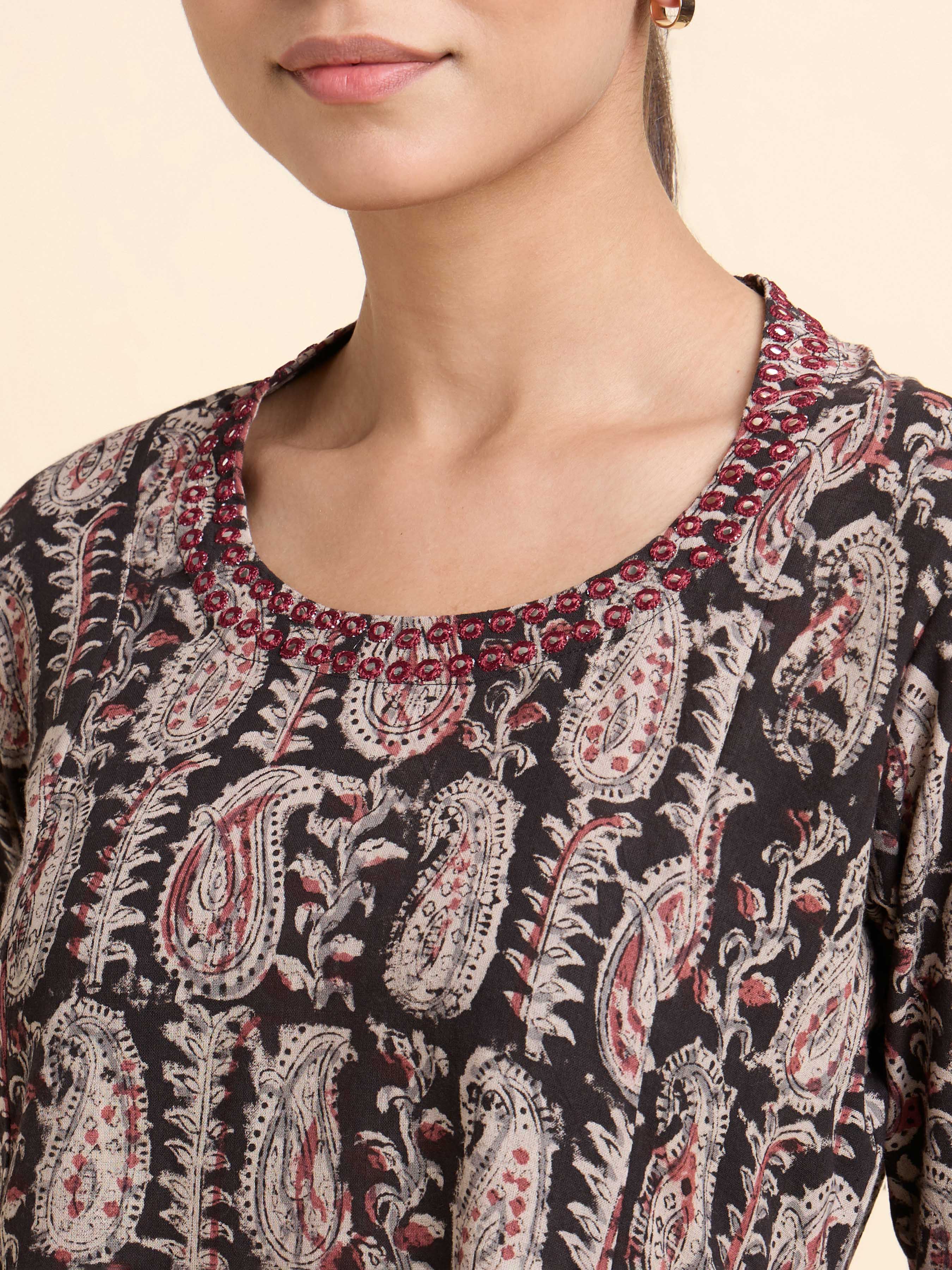 Black Multi Colored Cotton Printed Flared Panel Cut Kurti With Mirror Work Embroidery