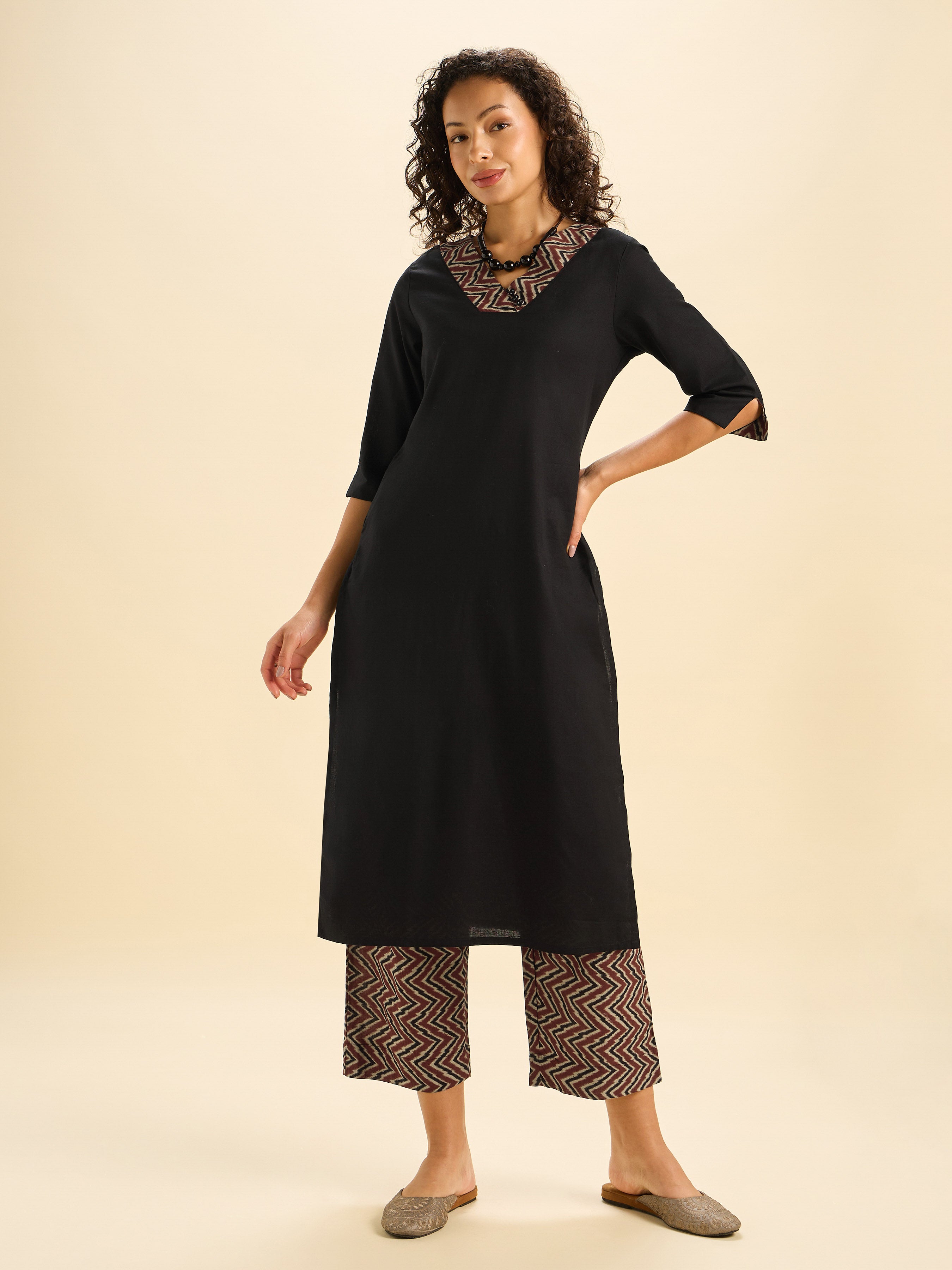 Black Multi Colour Cotton Flax Slitted Kurti Set