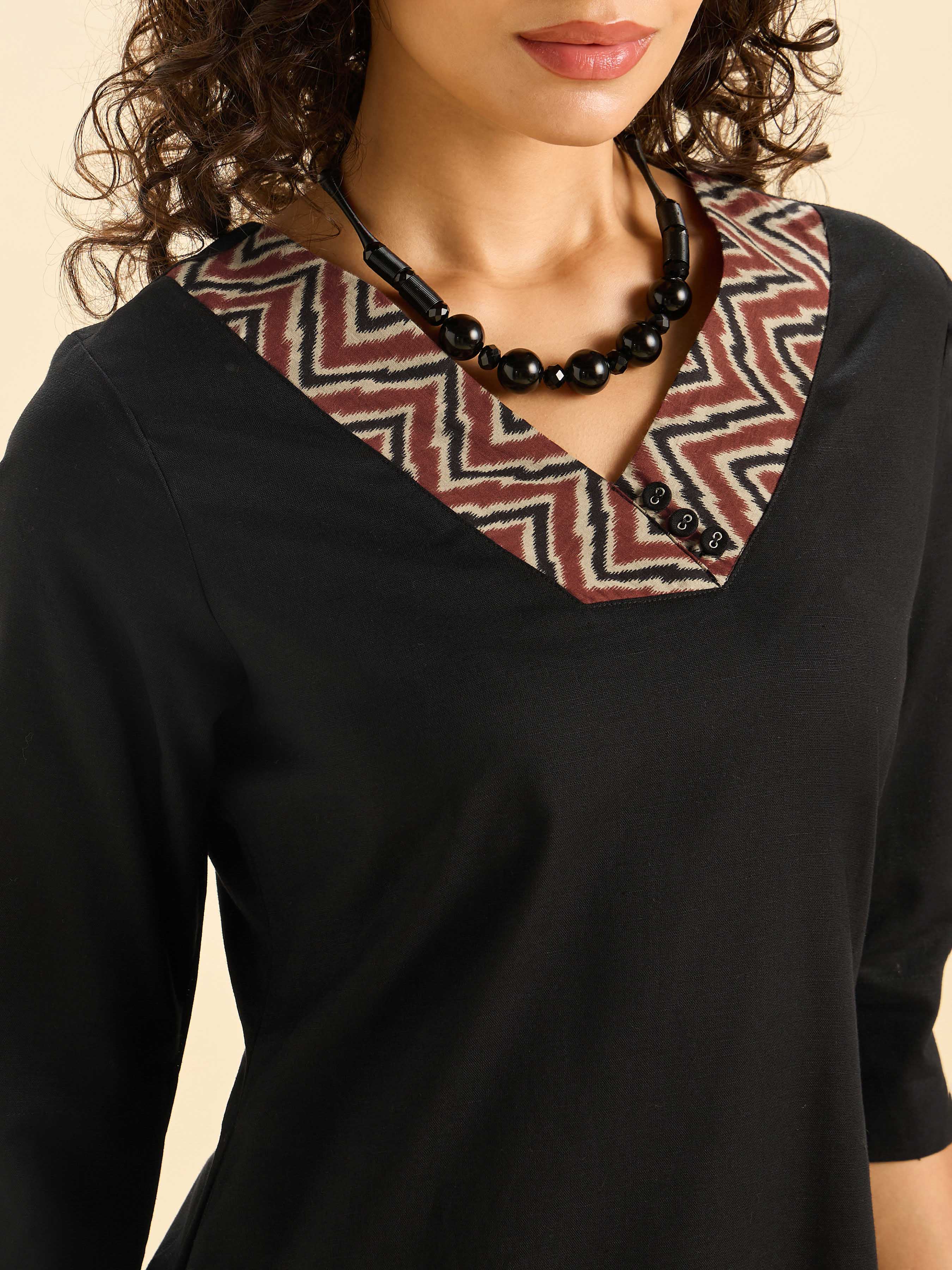 Black Multi Colour Cotton Flax Slitted Kurti Set