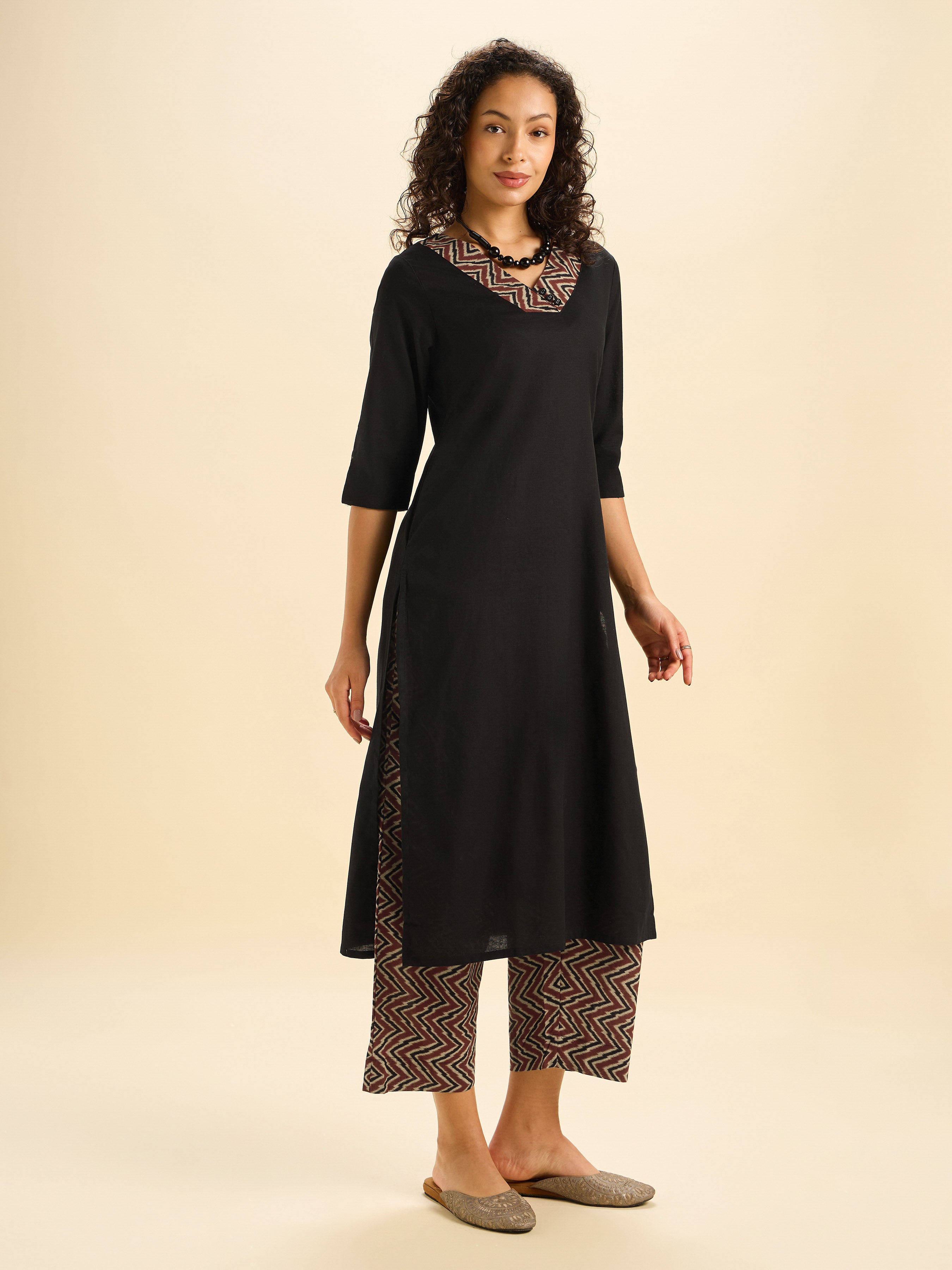 Black Multi Colour Cotton Flax Slitted Kurti Set