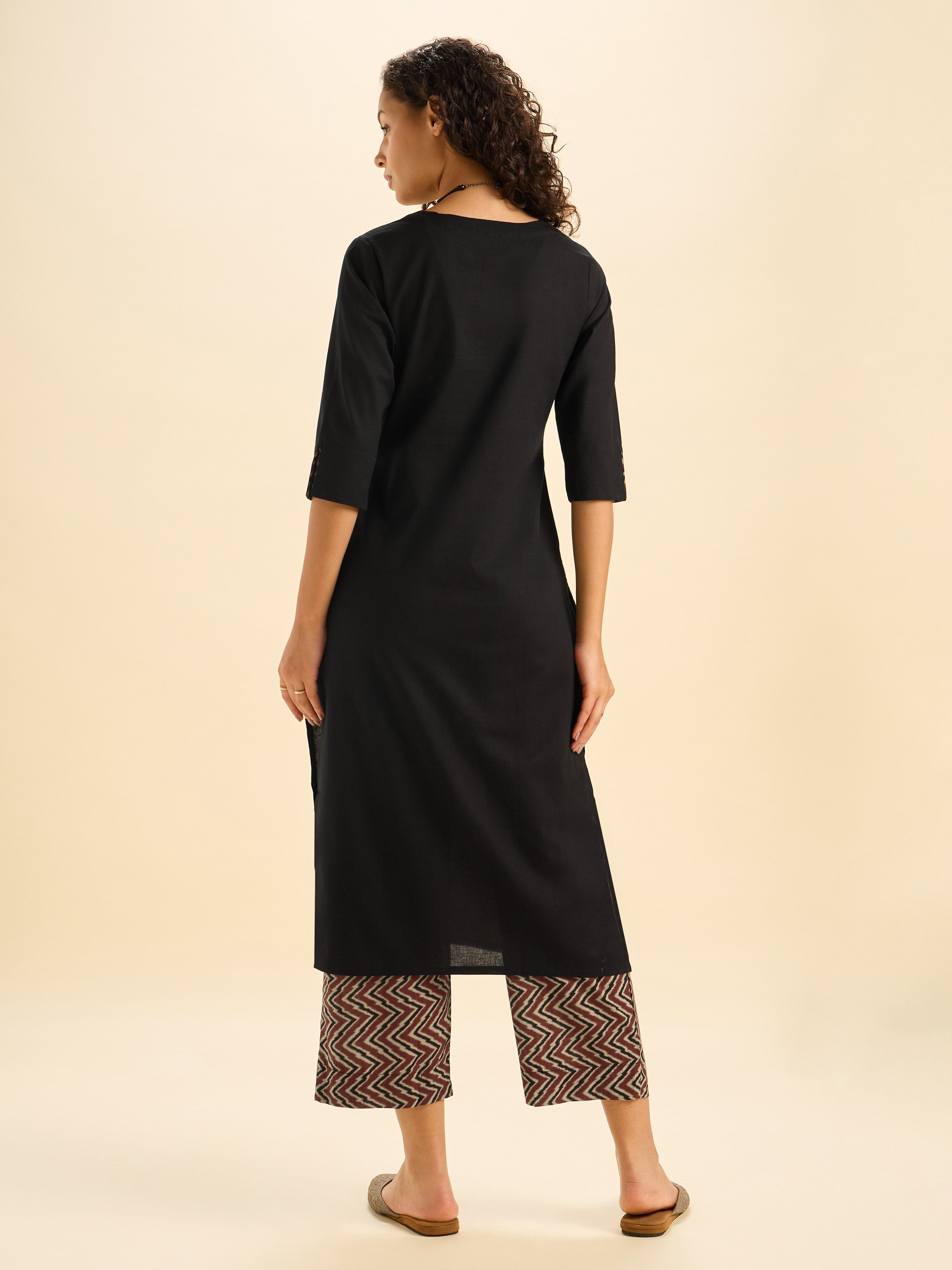 Black Multi Colour Cotton Flax Slitted Kurti Set