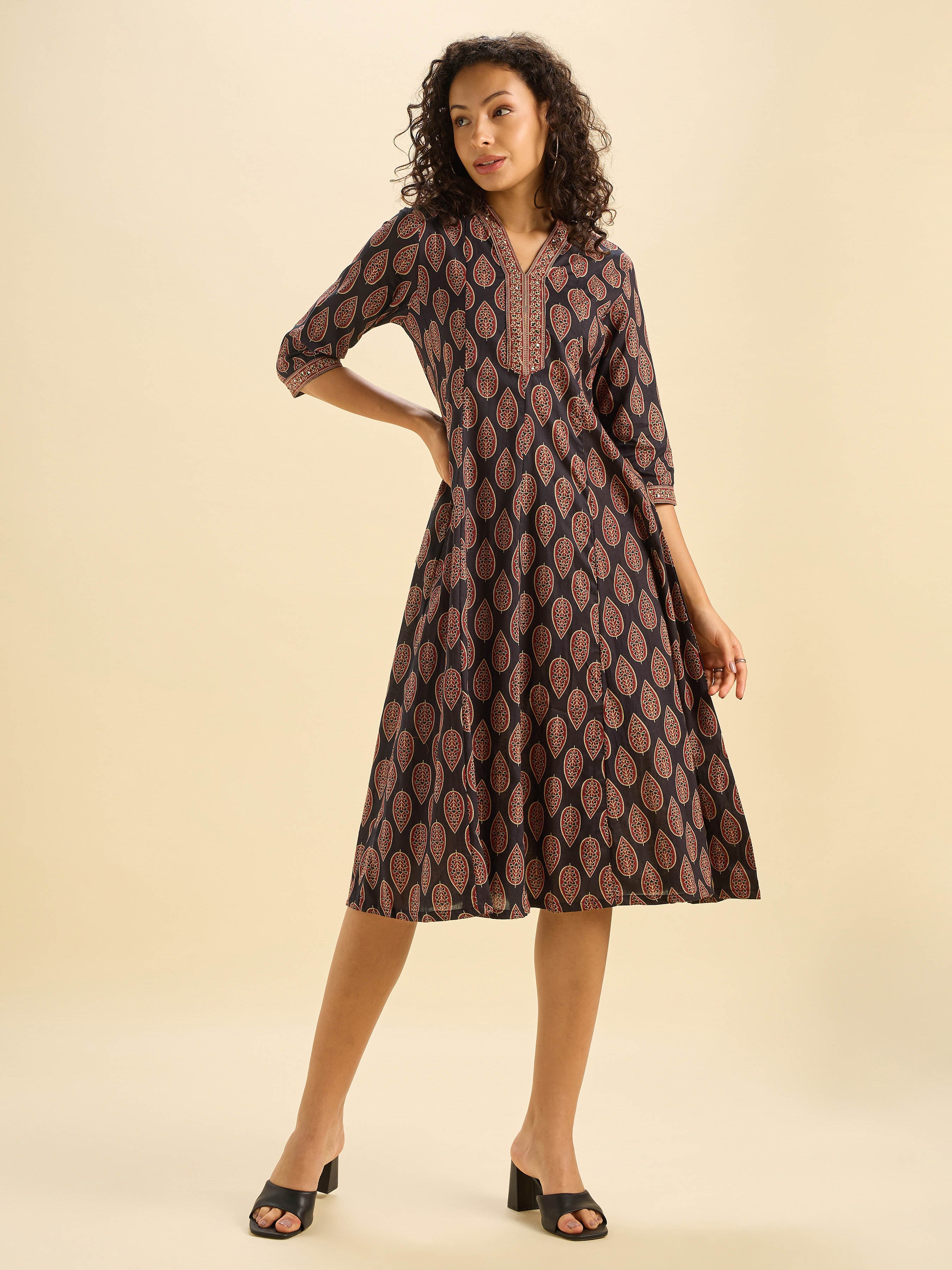 Black Multi Cotton Printed Flared Kalicut Kurthi With Sequins Work