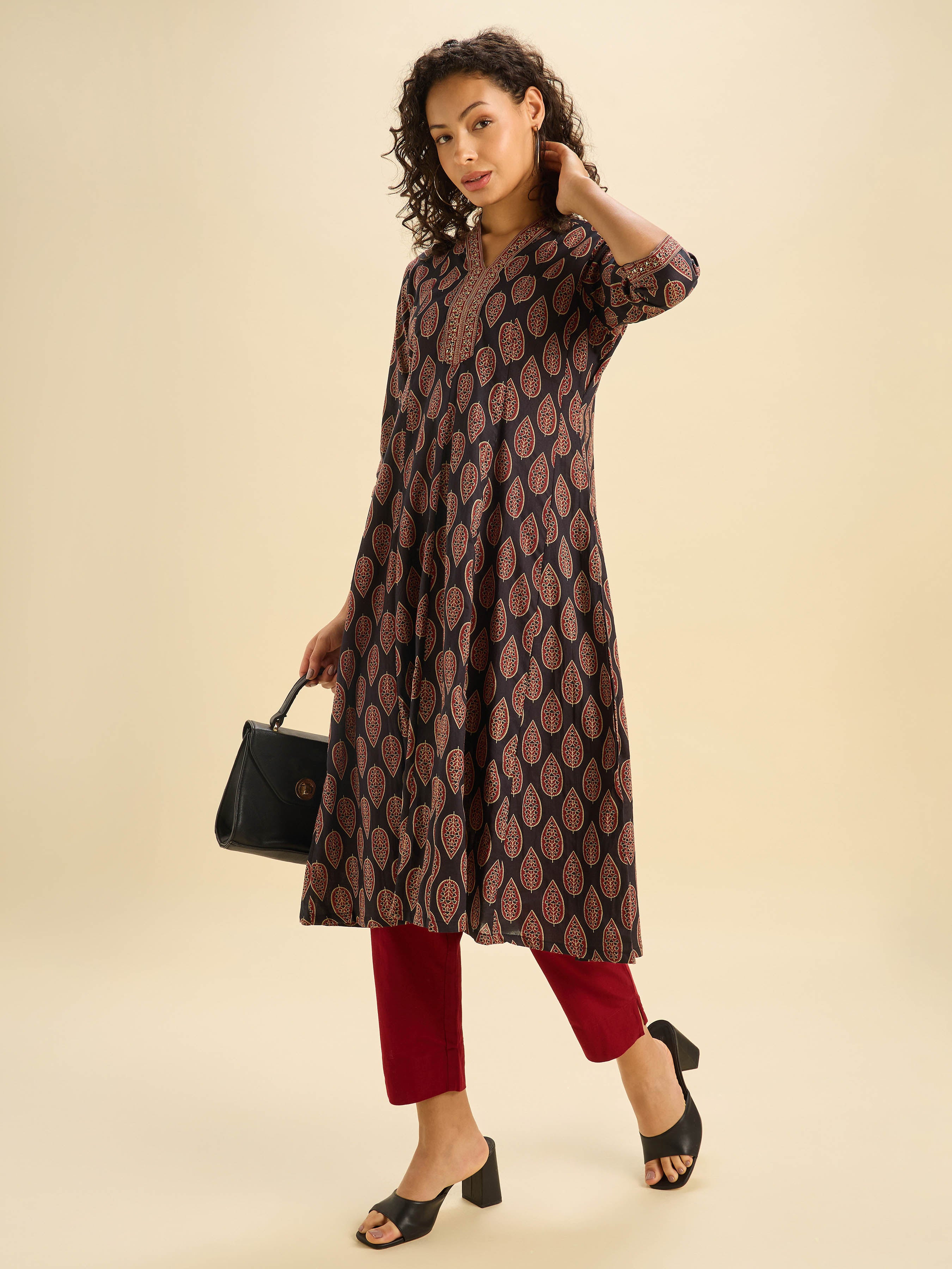 Black Multi Cotton Printed Flared Kalicut Kurthi With Sequins Work