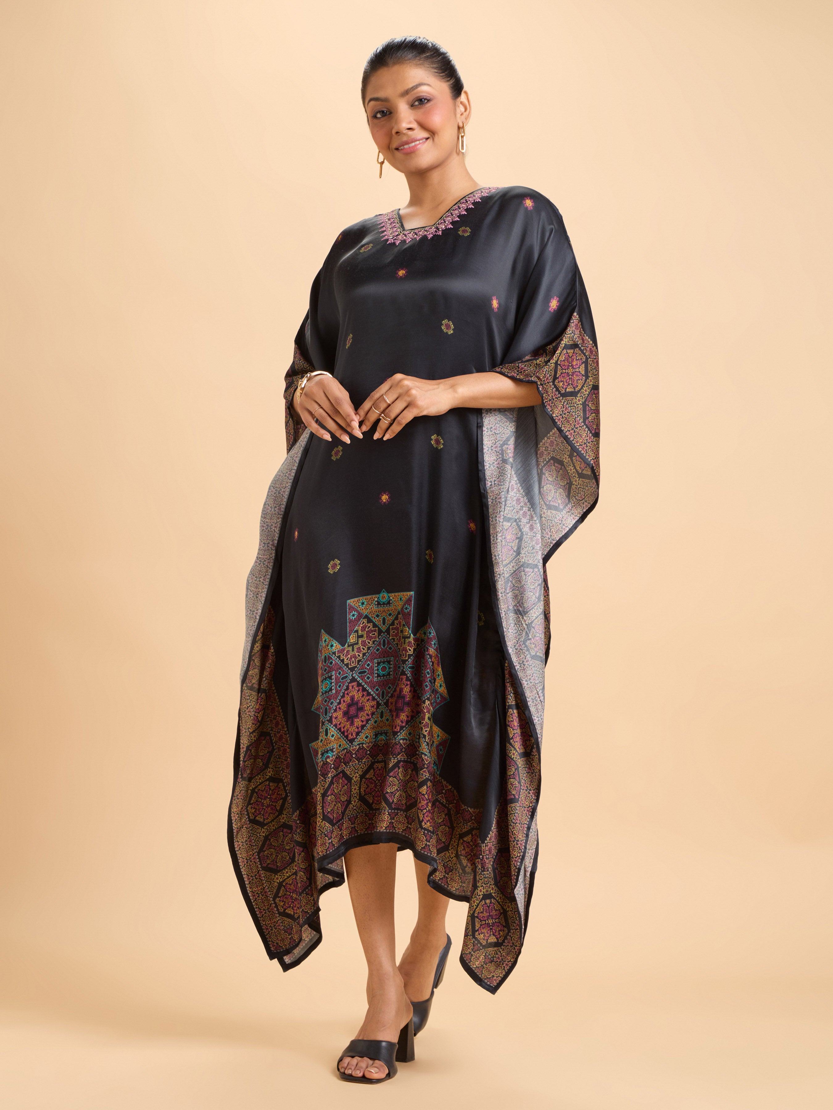 Black Multi Colour Modal Satin Printed Kaftan Kurti With Embroidery And Handwork