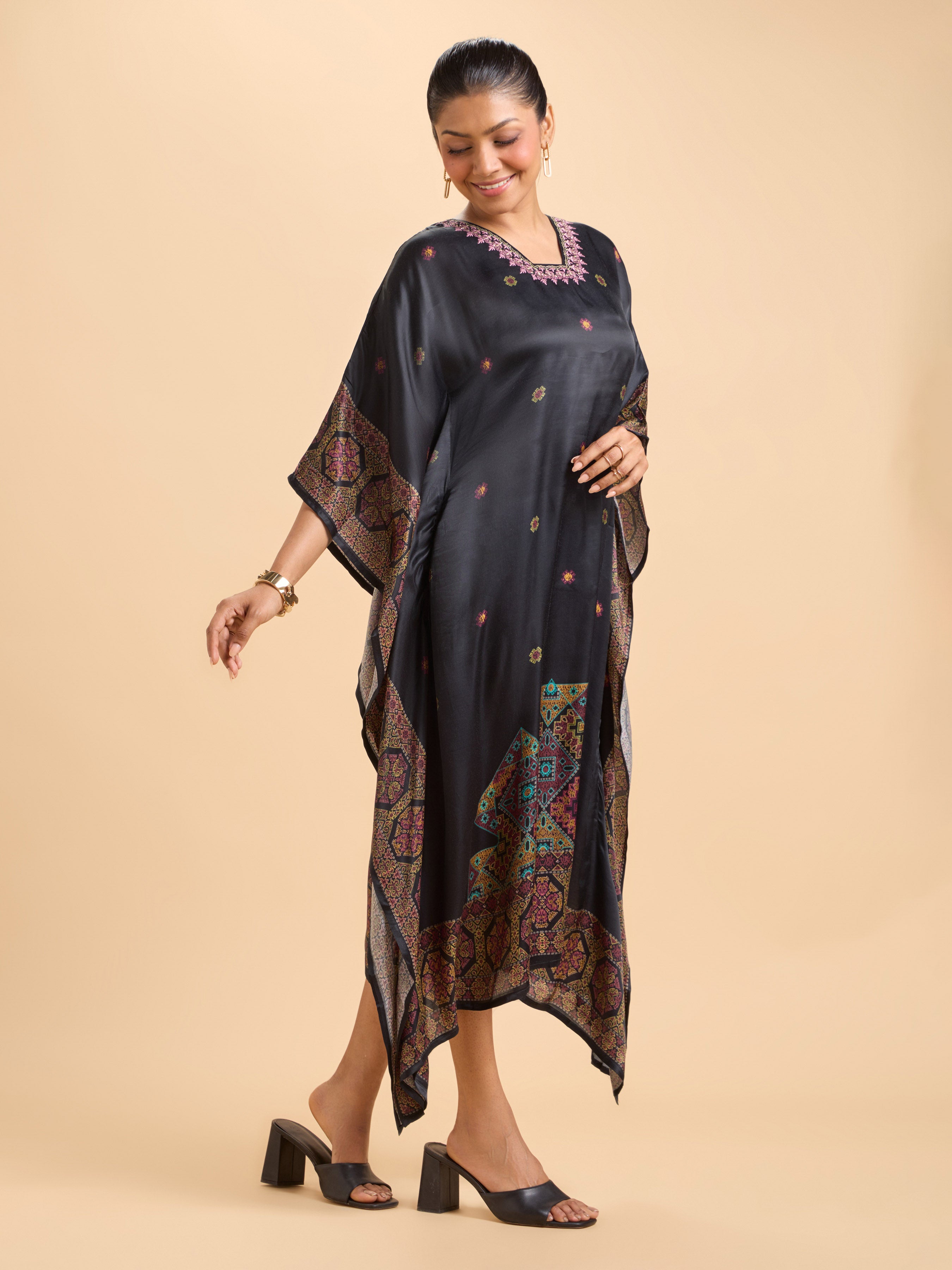 Black Multi Colour Modal Satin Printed Kaftan Kurti With Embroidery And Handwork