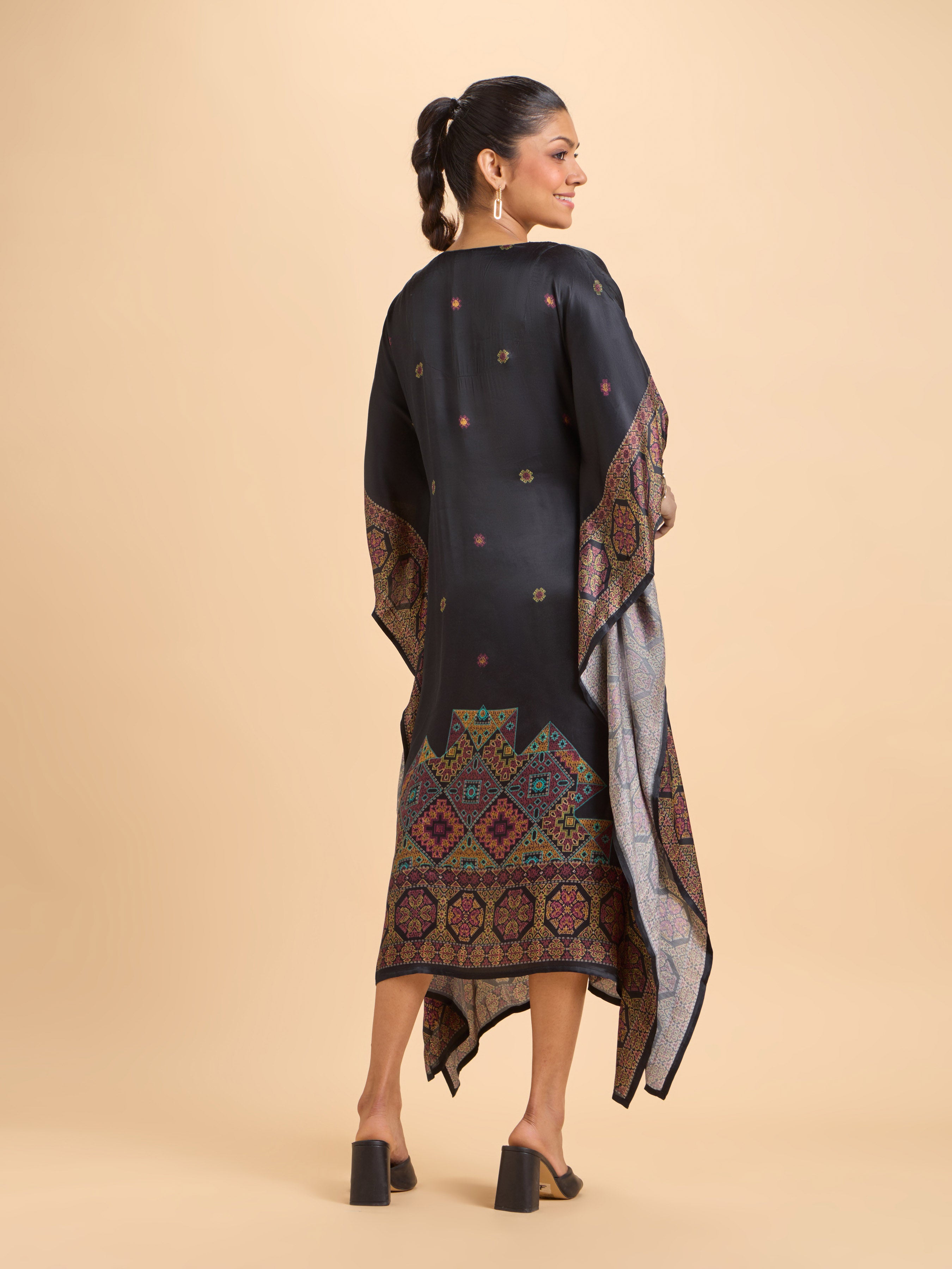 Black Multi Colour Modal Satin Printed Kaftan Kurti With Embroidery And Handwork