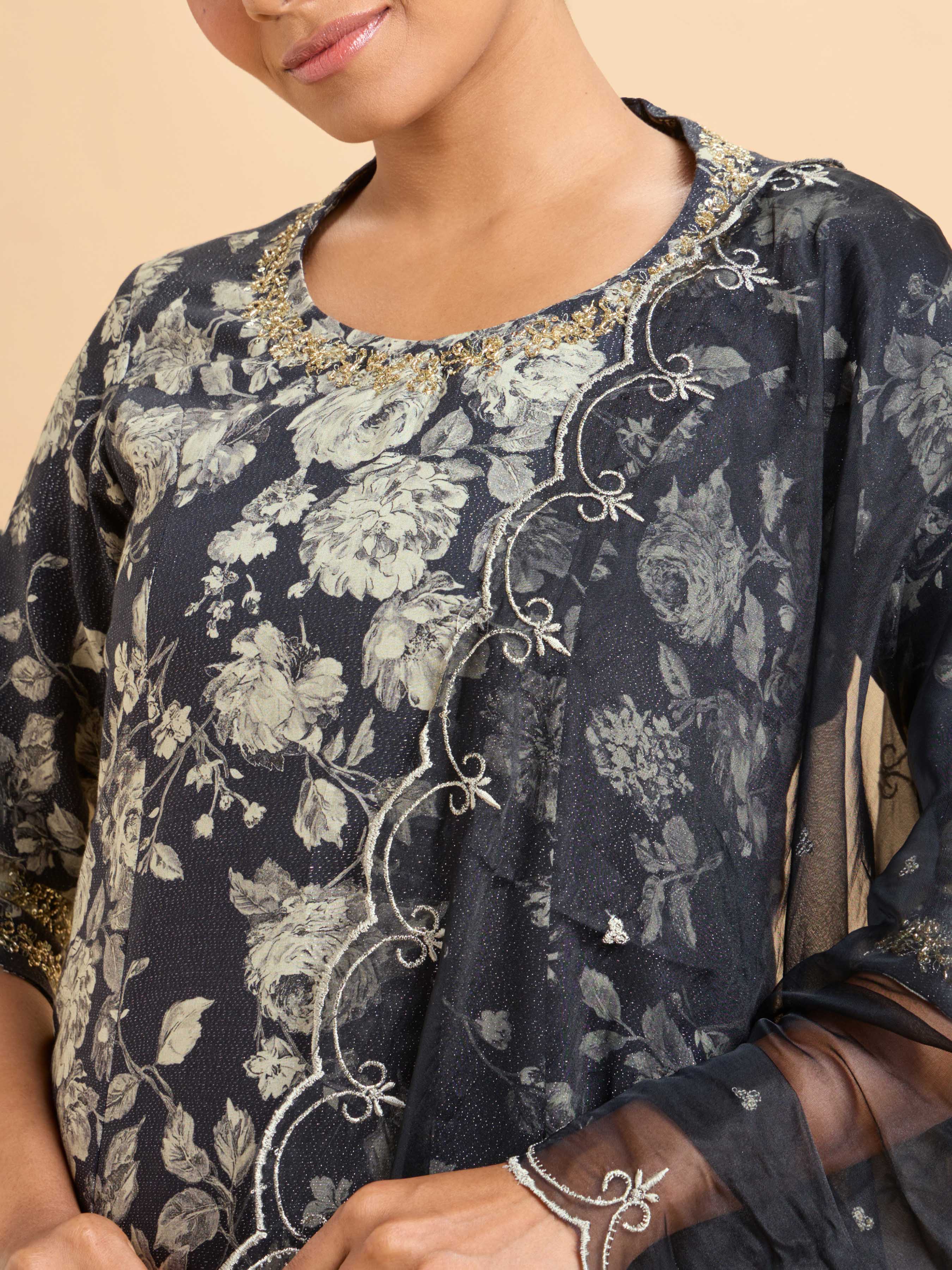 Black Multi-Colour Viscose Shimmer Printed Flared Kurti With Embroidery And Handwork Styled With Organza Embroidered Dupatta