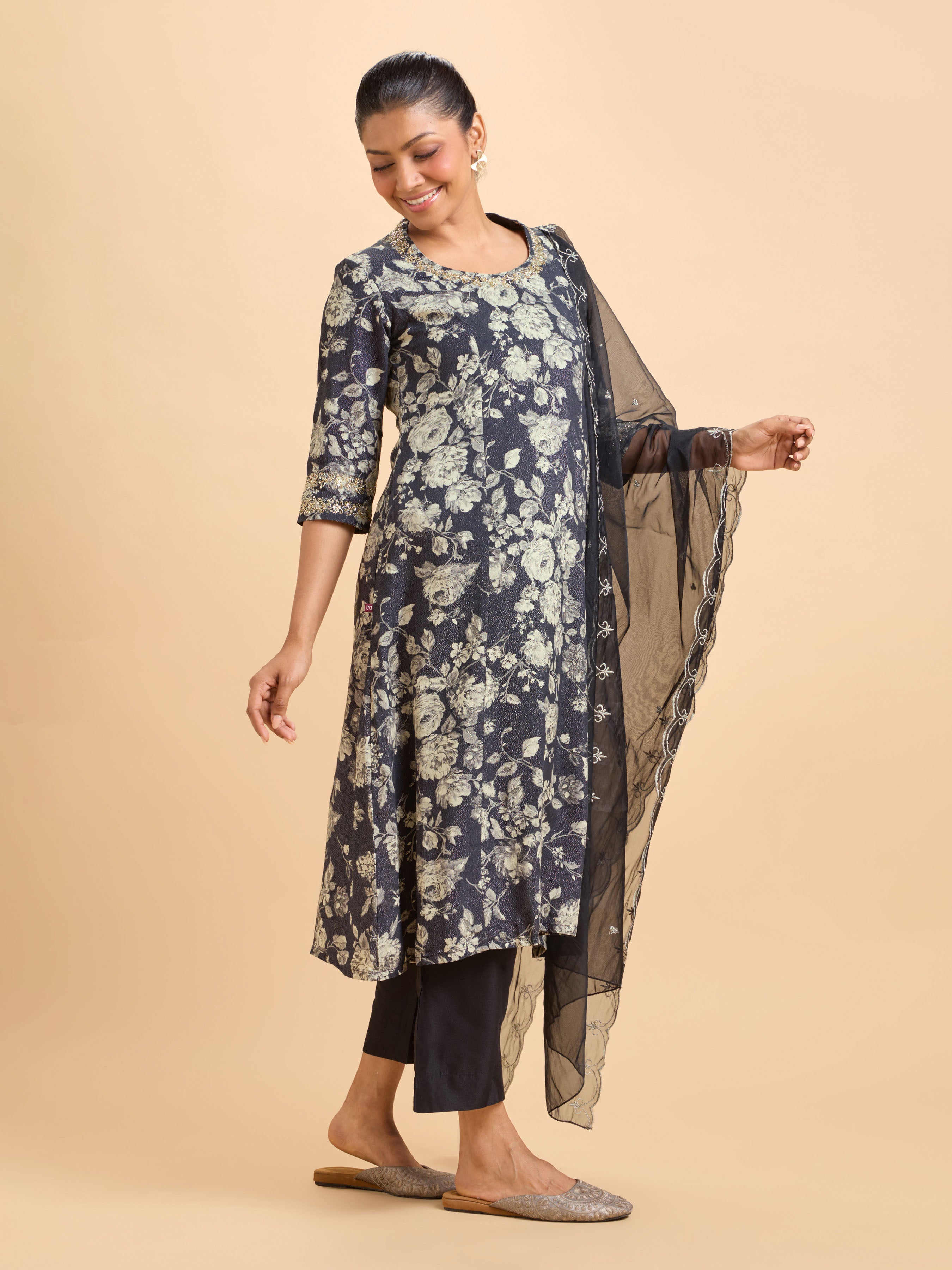 Black Multi-Colour Viscose Shimmer Printed Flared Kurti With Embroidery And Handwork Styled With Organza Embroidered Dupatta