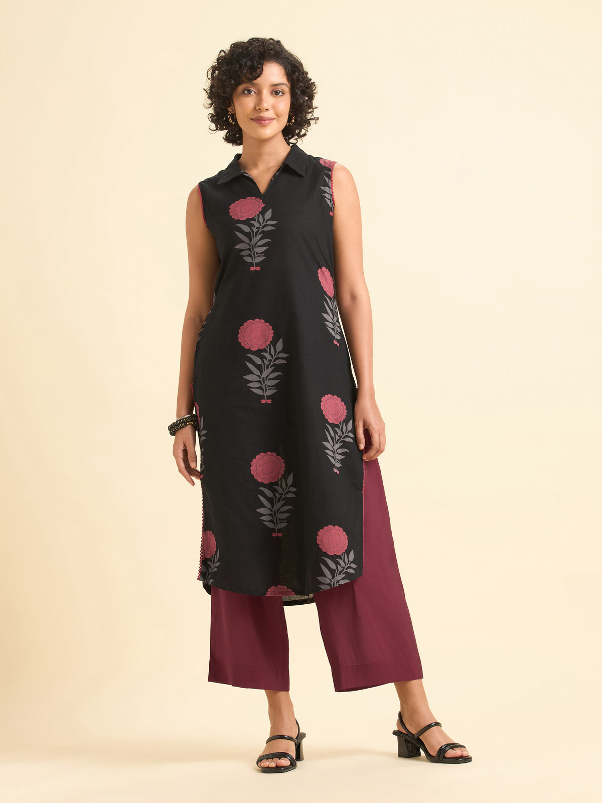 Black Multi Cotton Flax Slitted Kurti With Lace Detailing