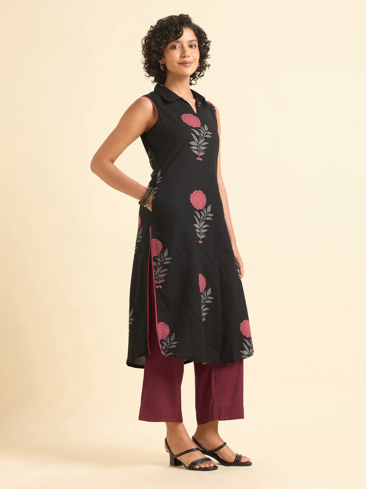 Black Multi Cotton Flax Slitted Kurti With Lace Detailing