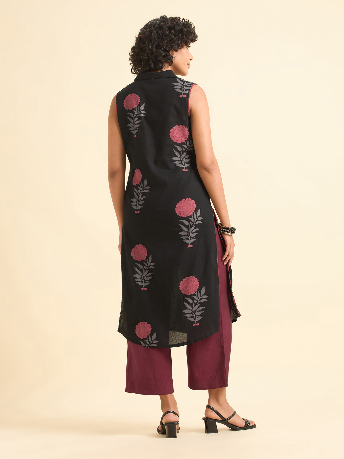 Black Multi Cotton Flax Slitted Kurti With Lace Detailing