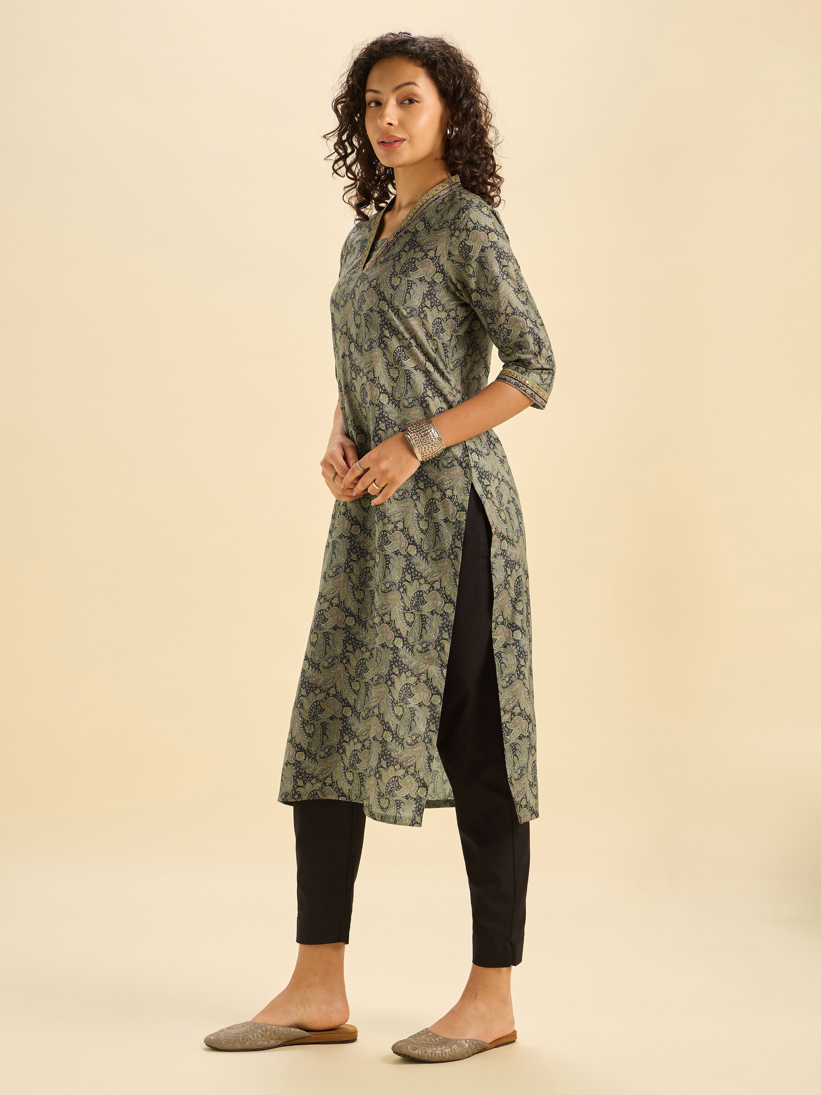 Black Multi Cotton Printed Slit Kurti With Mirror Work