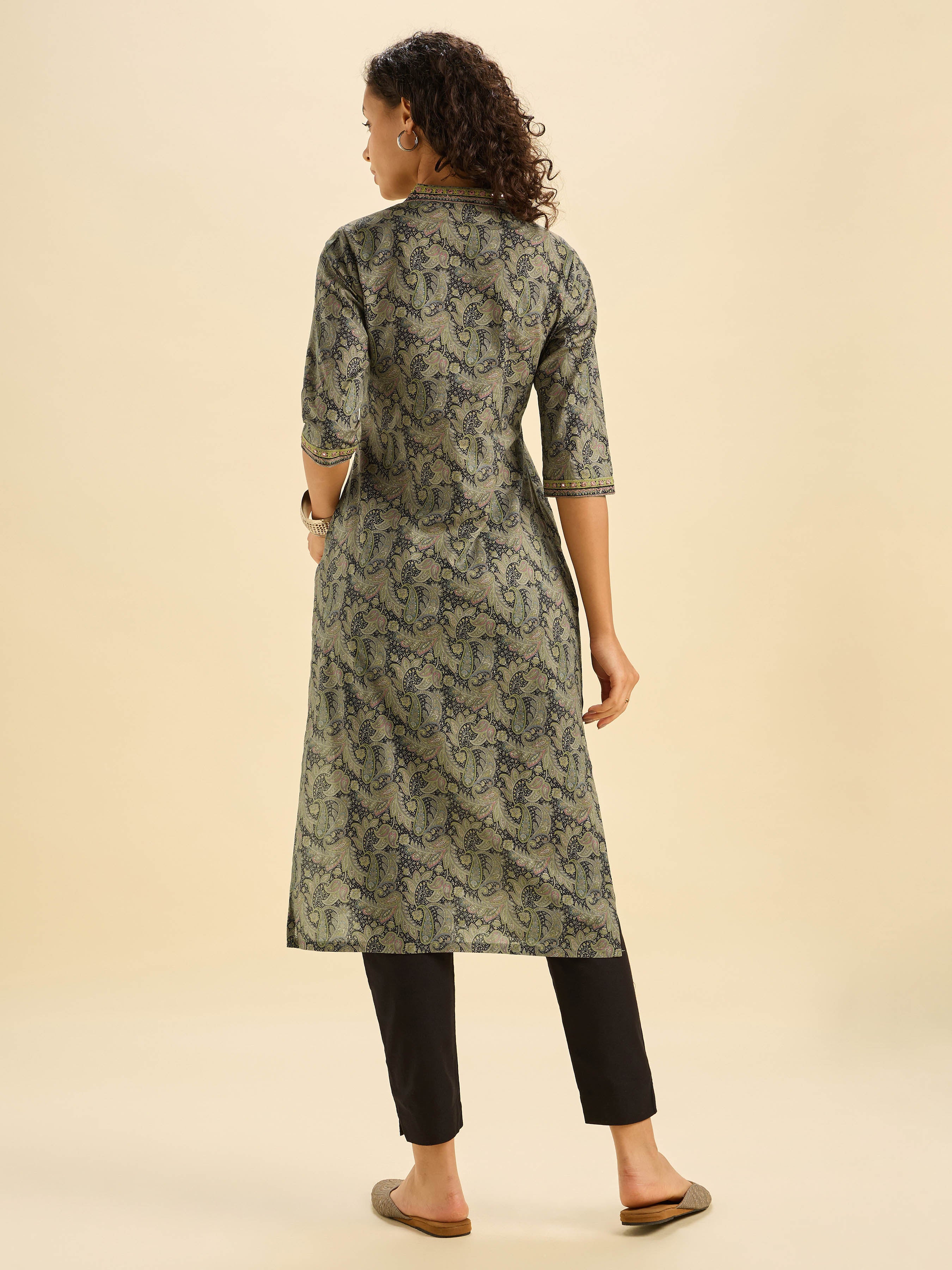 Black Multi Cotton Printed Slit Kurti With Mirror Work