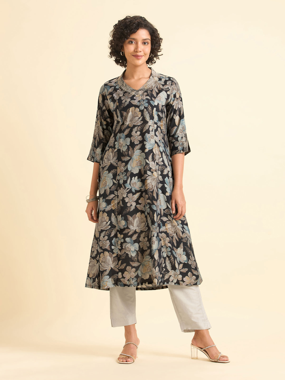 Black Multicolour Modal Chanderi Printed Flared Kurti With Sequins Embroidery