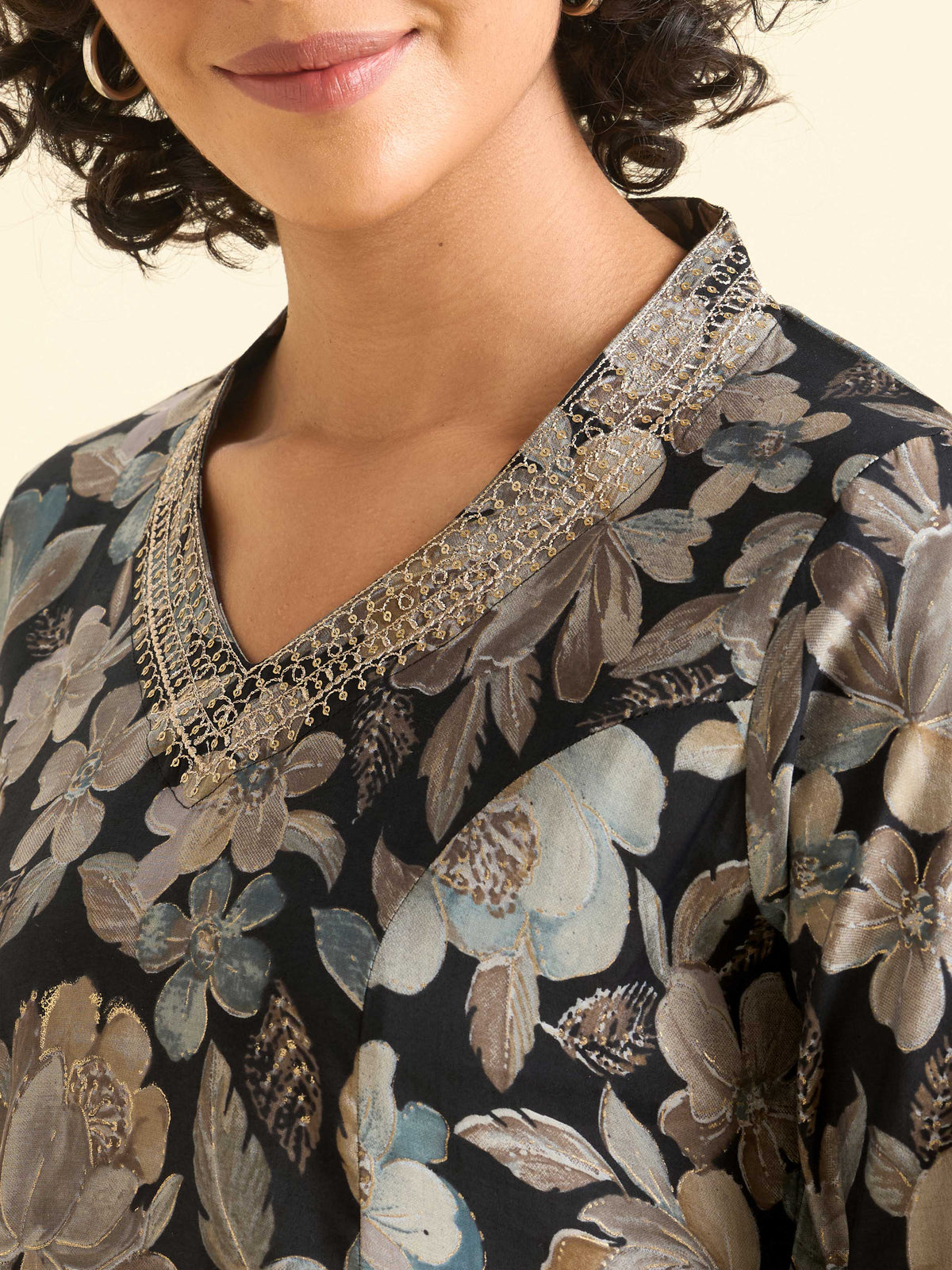 Black Multicolour Modal Chanderi Printed Flared Kurti With Sequins Embroidery