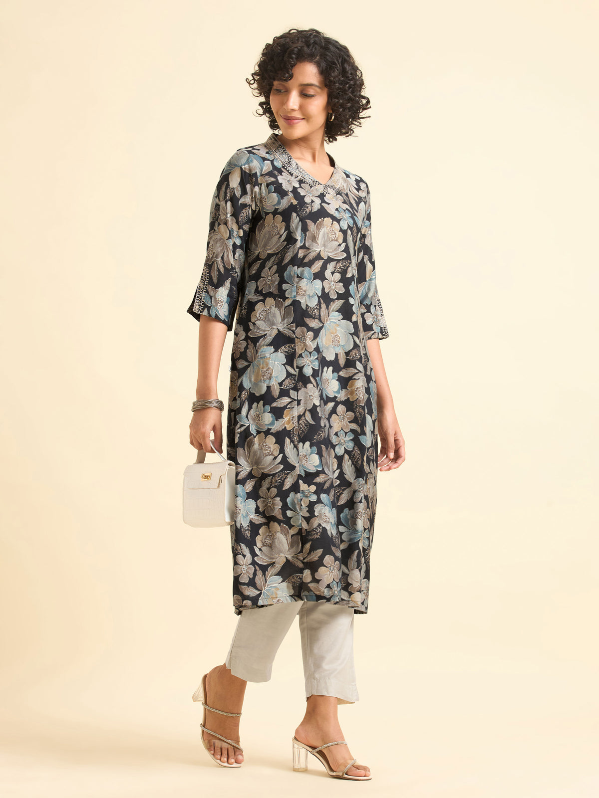 Black Multicolour Modal Chanderi Printed Flared Kurti With Sequins Embroidery