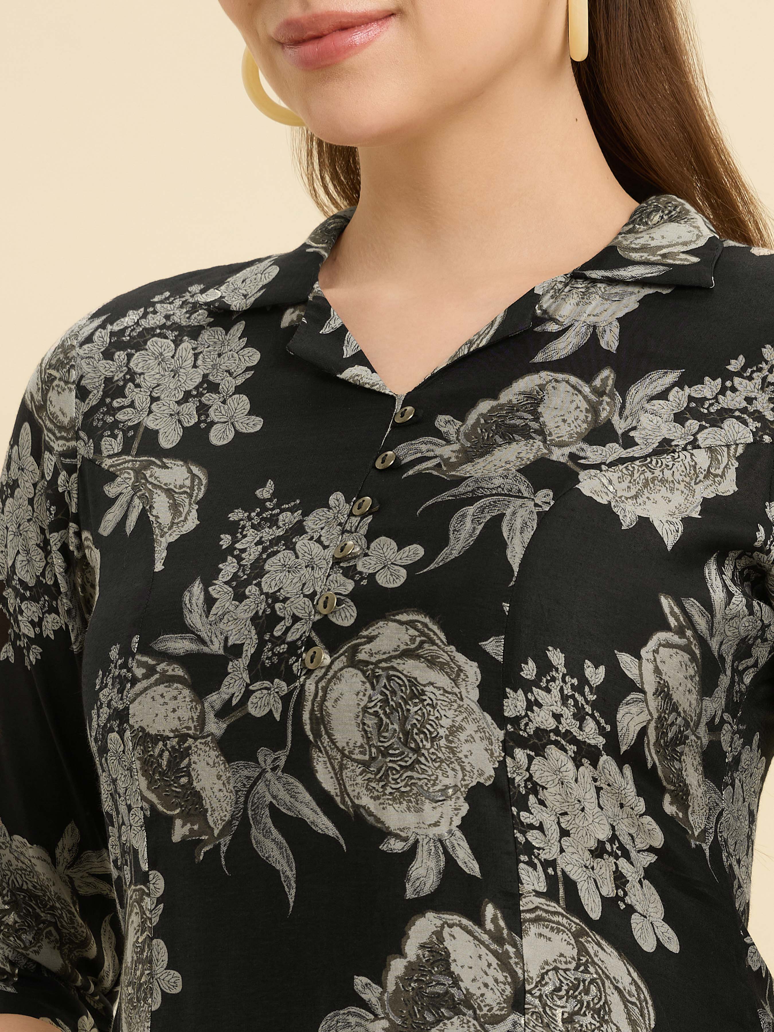 Black Ploy Viscose Flared Printed Kurti With Princesscut