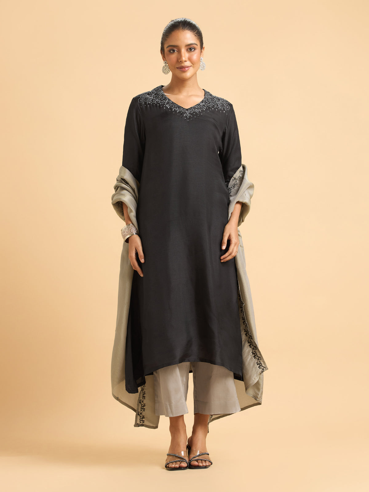 Black Poly Viscose Plain Flared Kurti Set With Sequins Embroidery Work And Dupatta