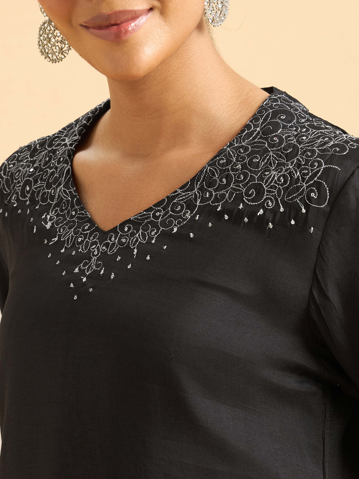 Black Poly Viscose Plain Flared Kurti Set With Sequins Embroidery Work And Dupatta