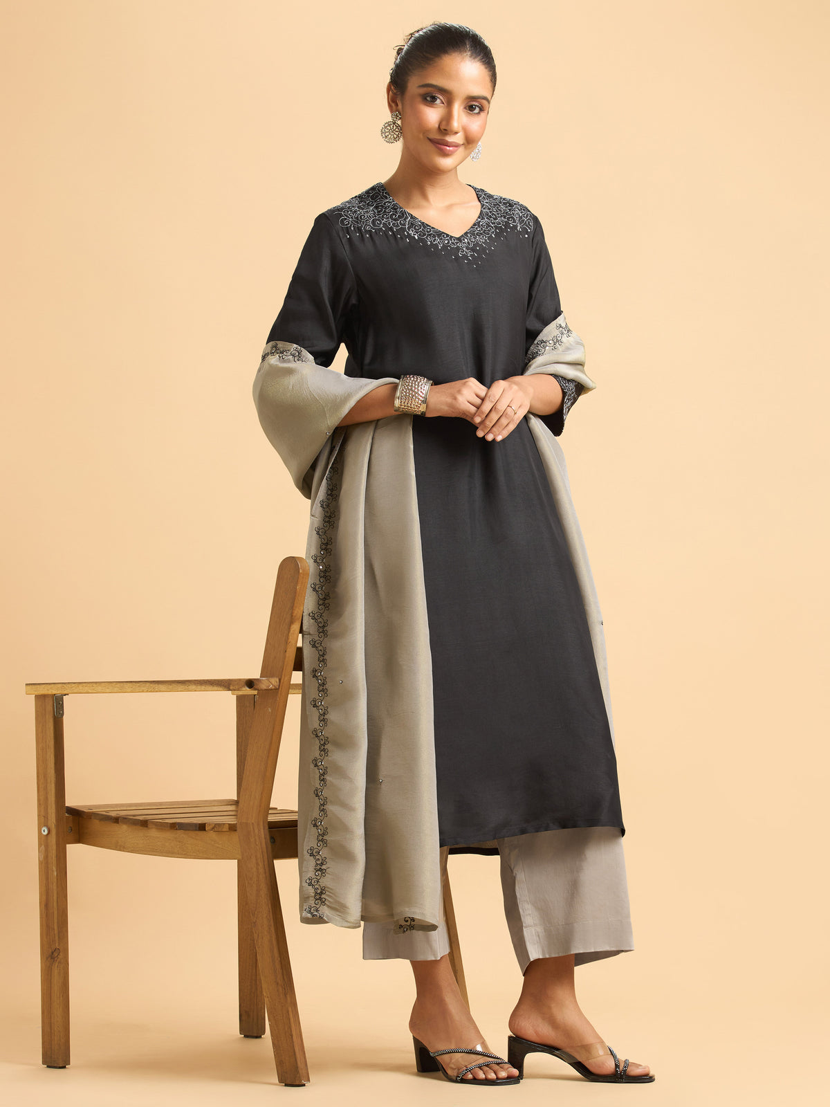 Black Poly Viscose Plain Flared Kurti Set With Sequins Embroidery Work And Dupatta