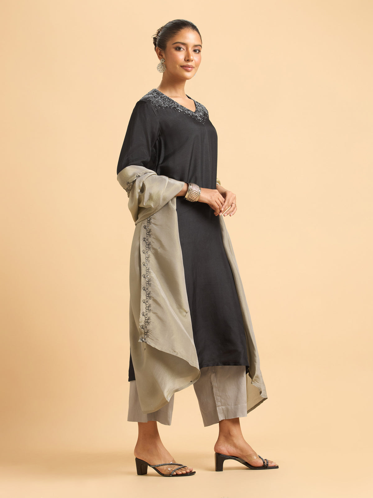 Black Poly Viscose Plain Flared Kurti Set With Sequins Embroidery Work And Dupatta