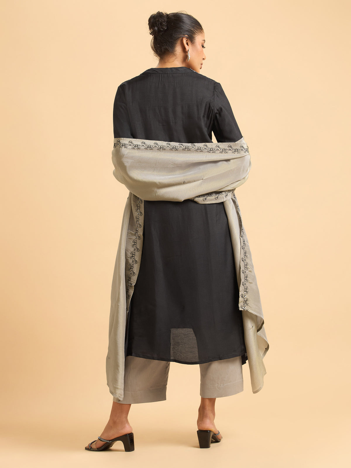 Black Poly Viscose Plain Flared Kurti Set With Sequins Embroidery Work And Dupatta