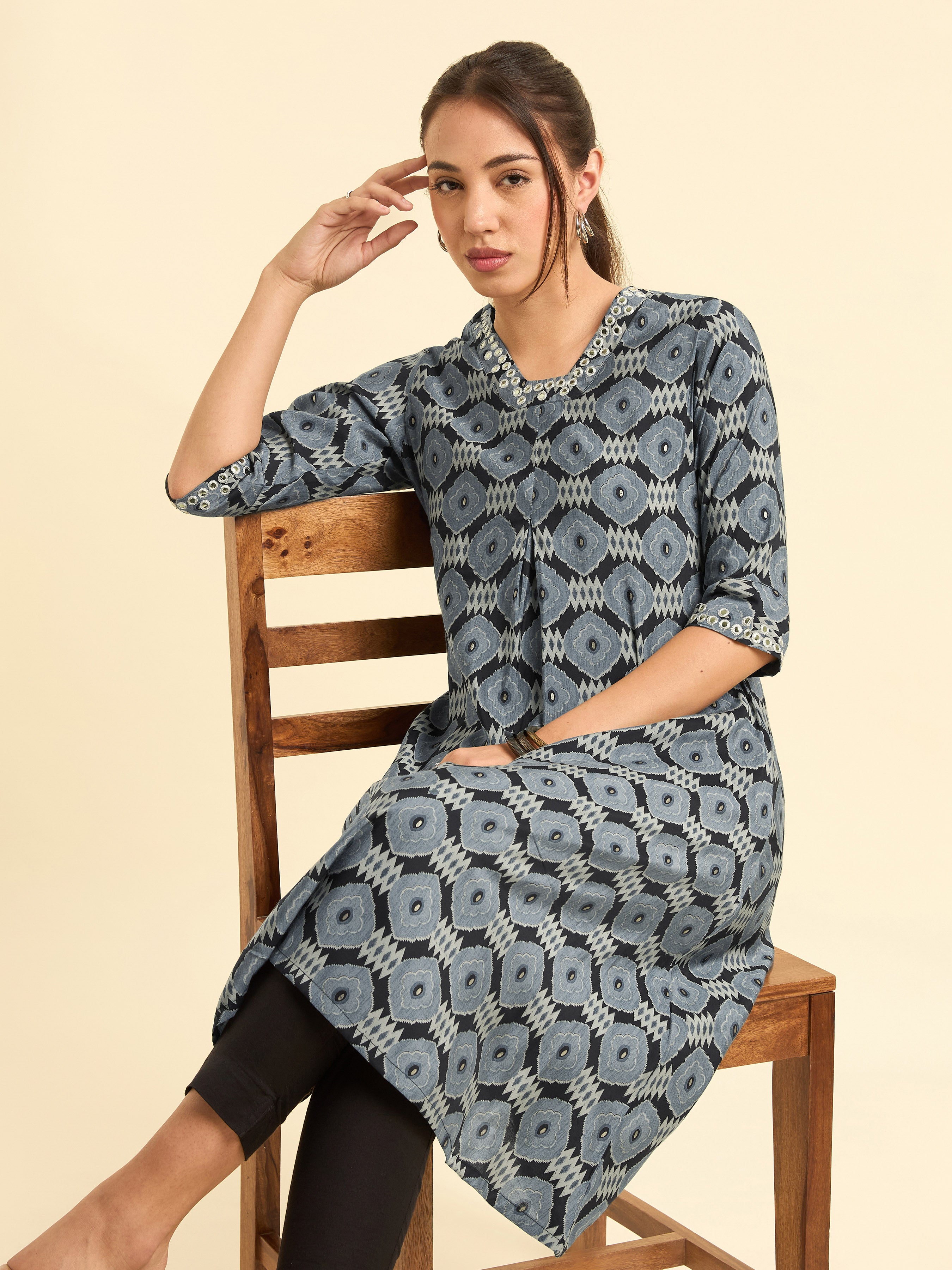 Black Viscose Blend Printed Flared Kurti With Mirror Work