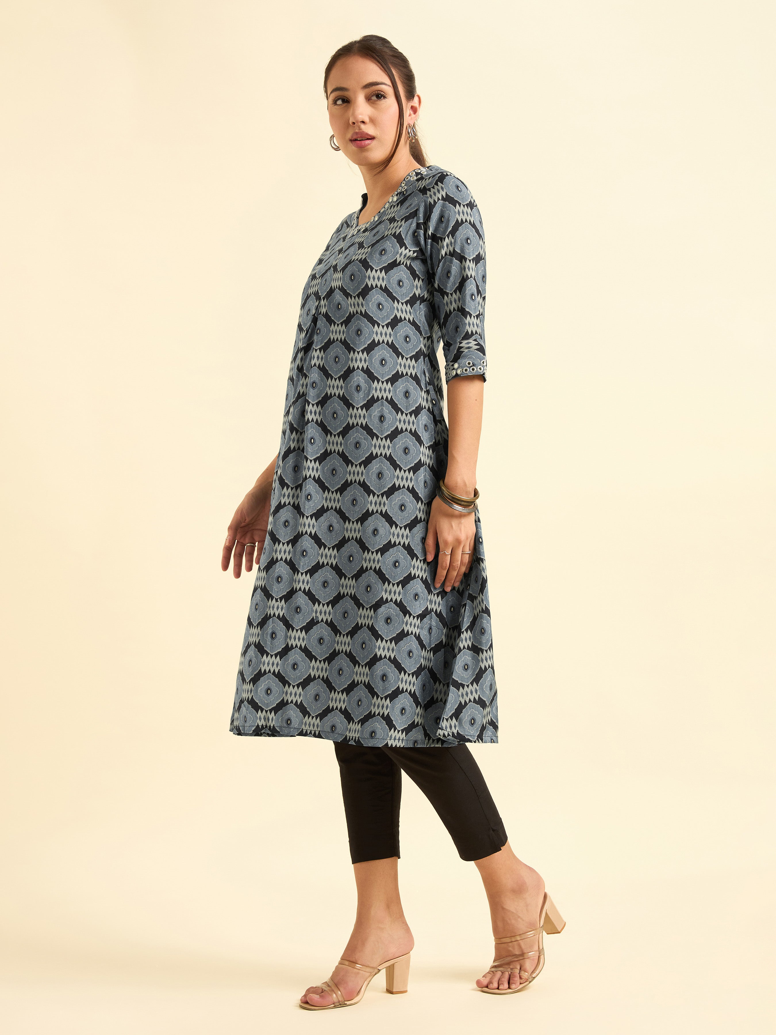 Black Viscose Blend Printed Flared Kurti With Mirror Work