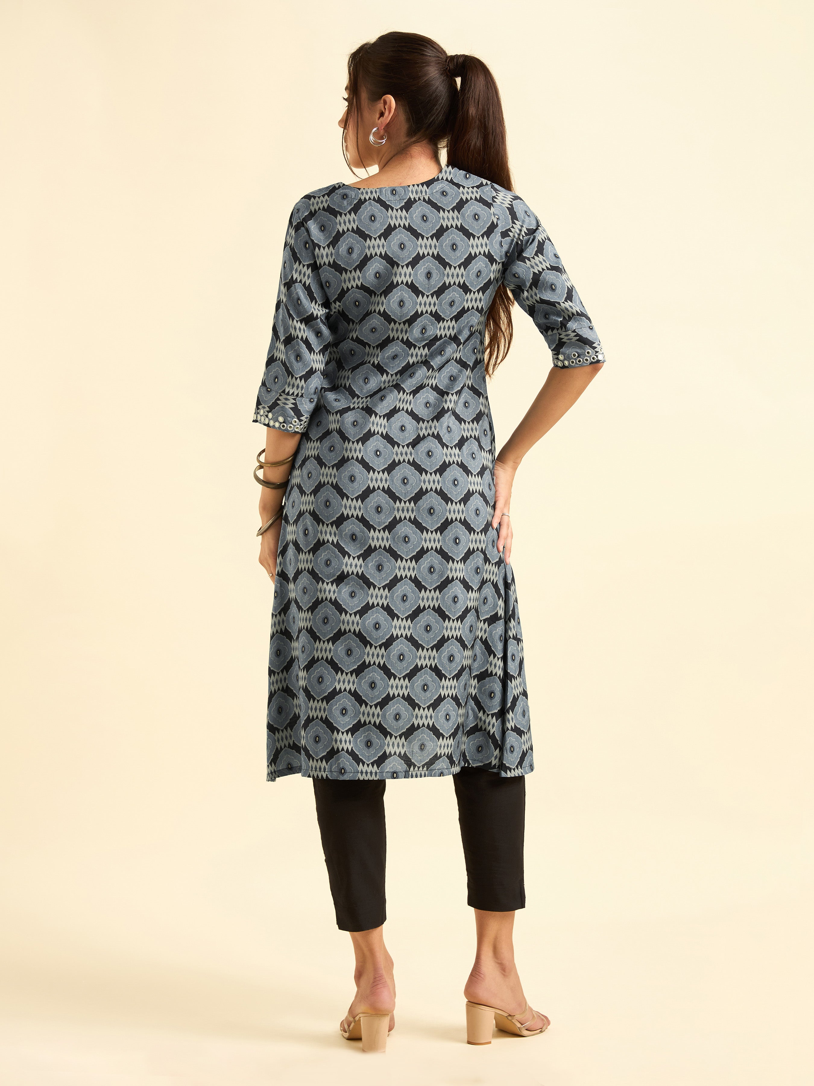 Black Viscose Blend Printed Flared Kurti With Mirror Work