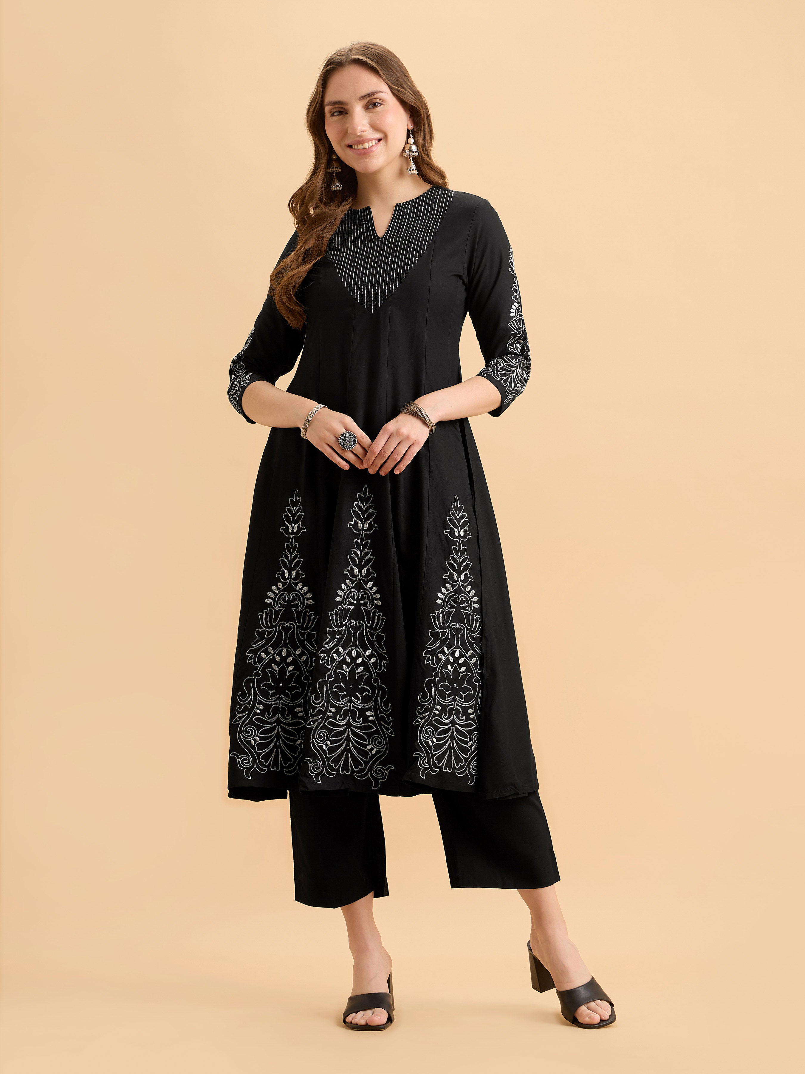 Black Viscose Kali Cut Kurti Set With Embroidery And Sequins