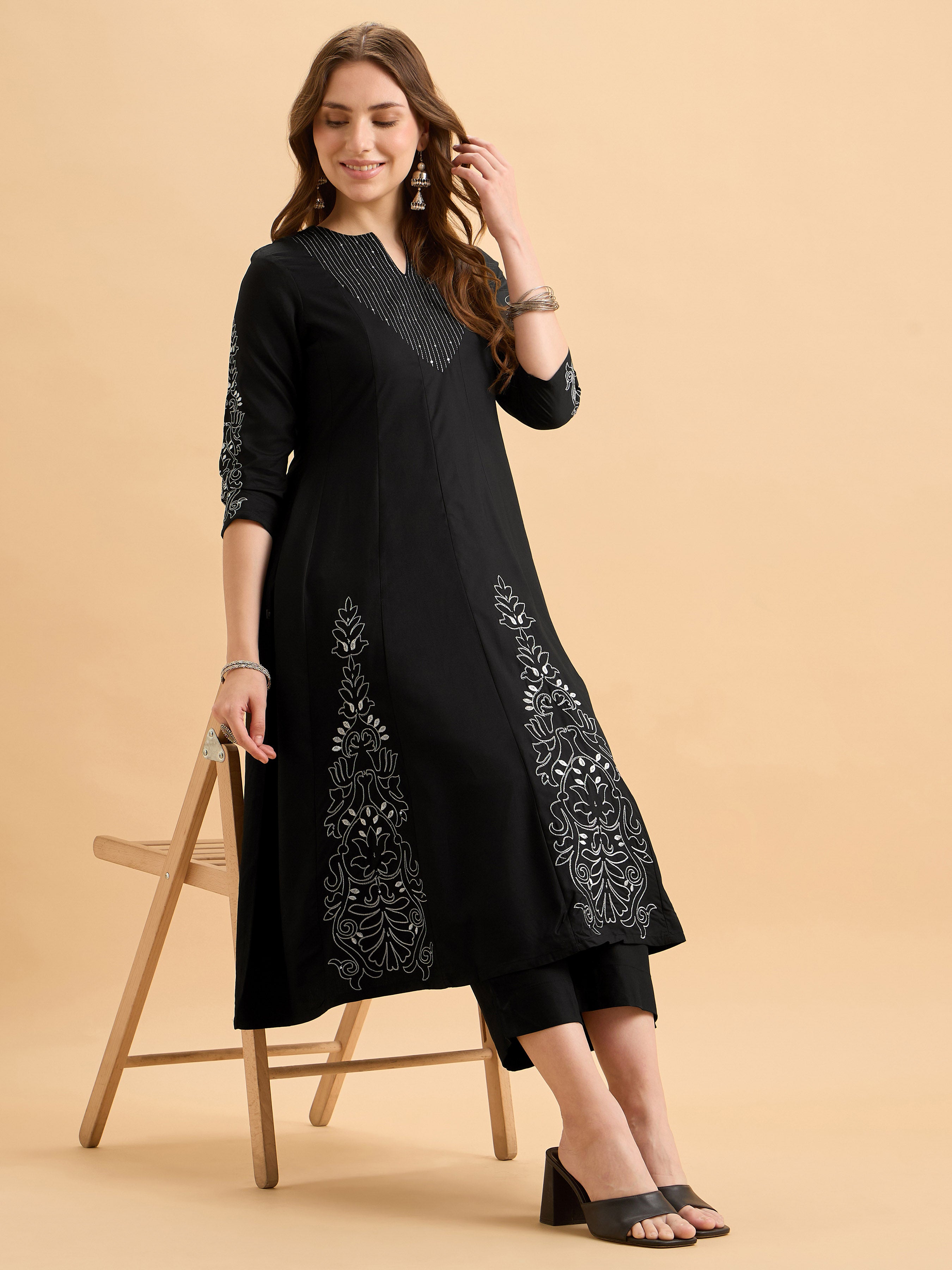 Black Viscose Kali Cut Kurti Set With Embroidery And Sequins
