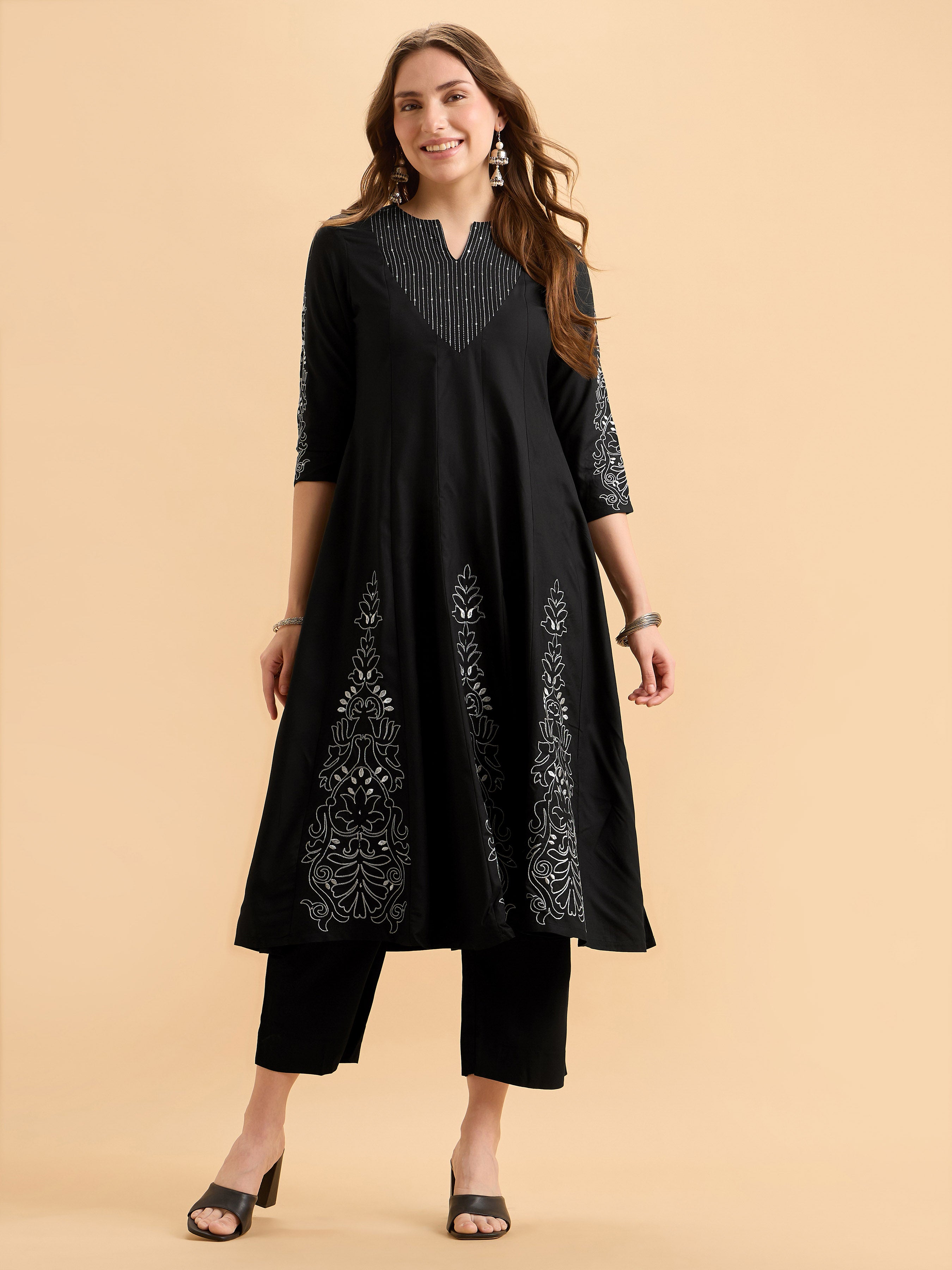 Black Viscose Kali Cut Kurti Set With Embroidery And Sequins