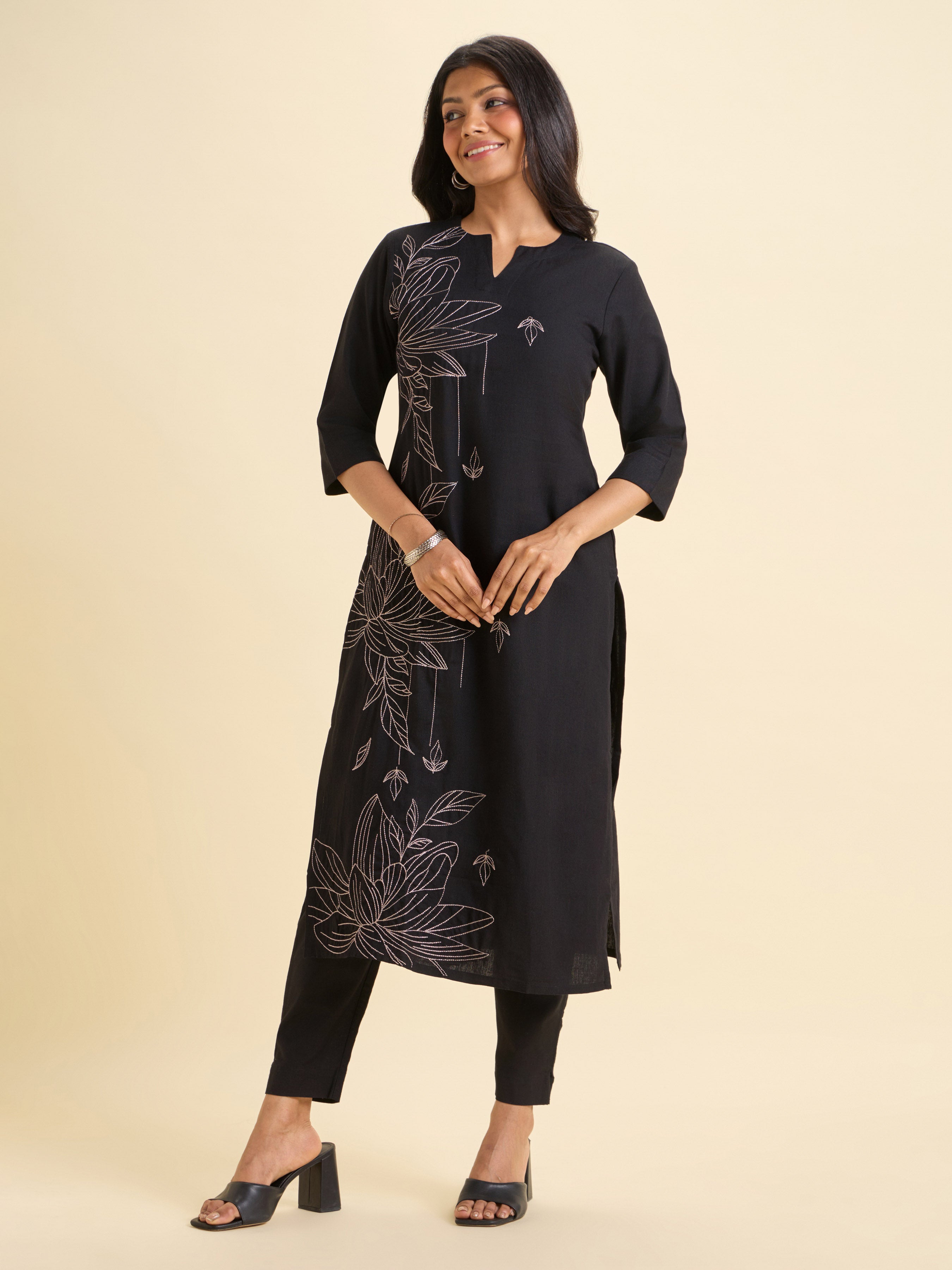 Black Viscose Linen Plain Slitted Kurti With Embroidery