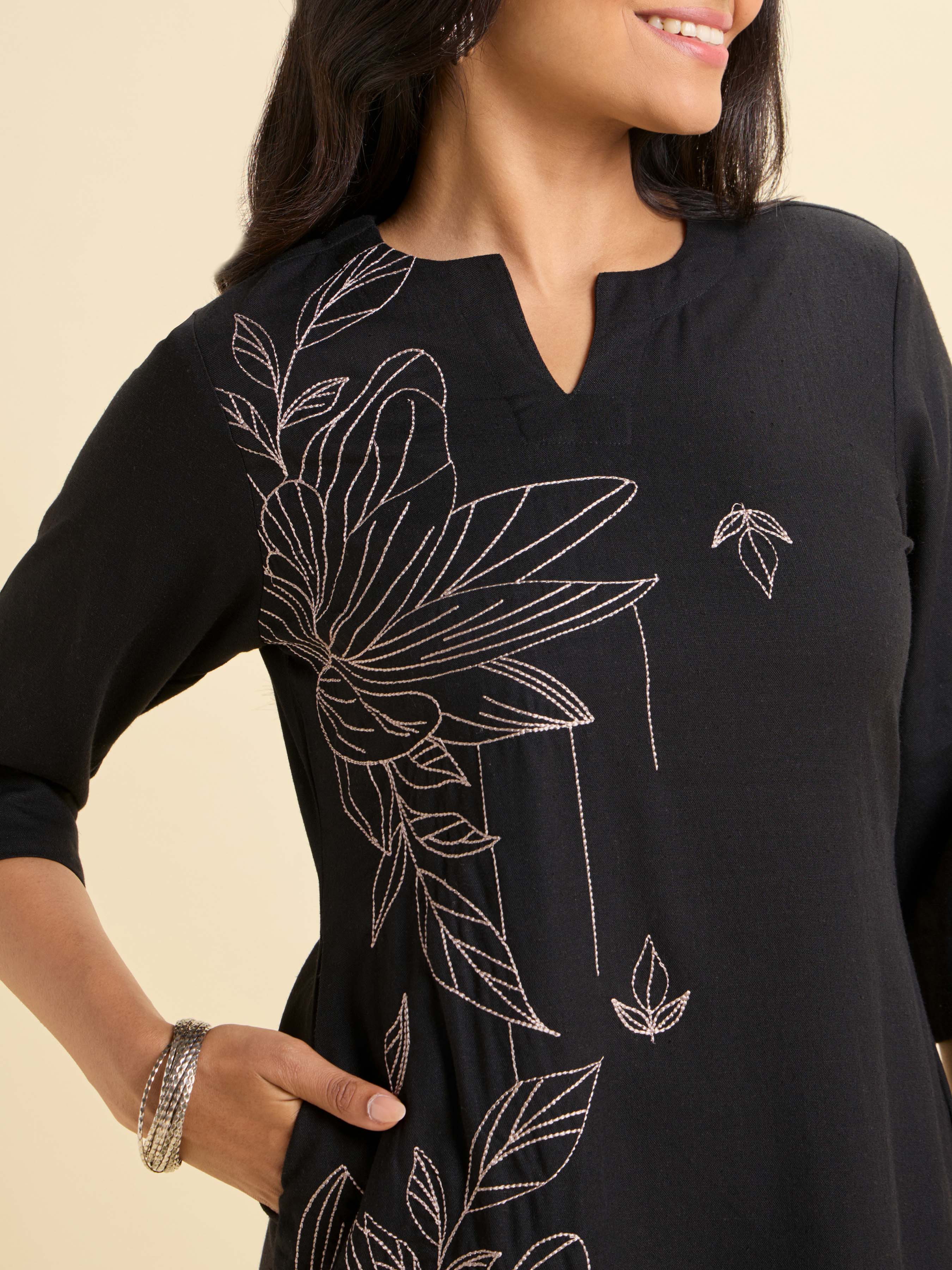Black Viscose Linen Plain Slitted Kurti With Embroidery