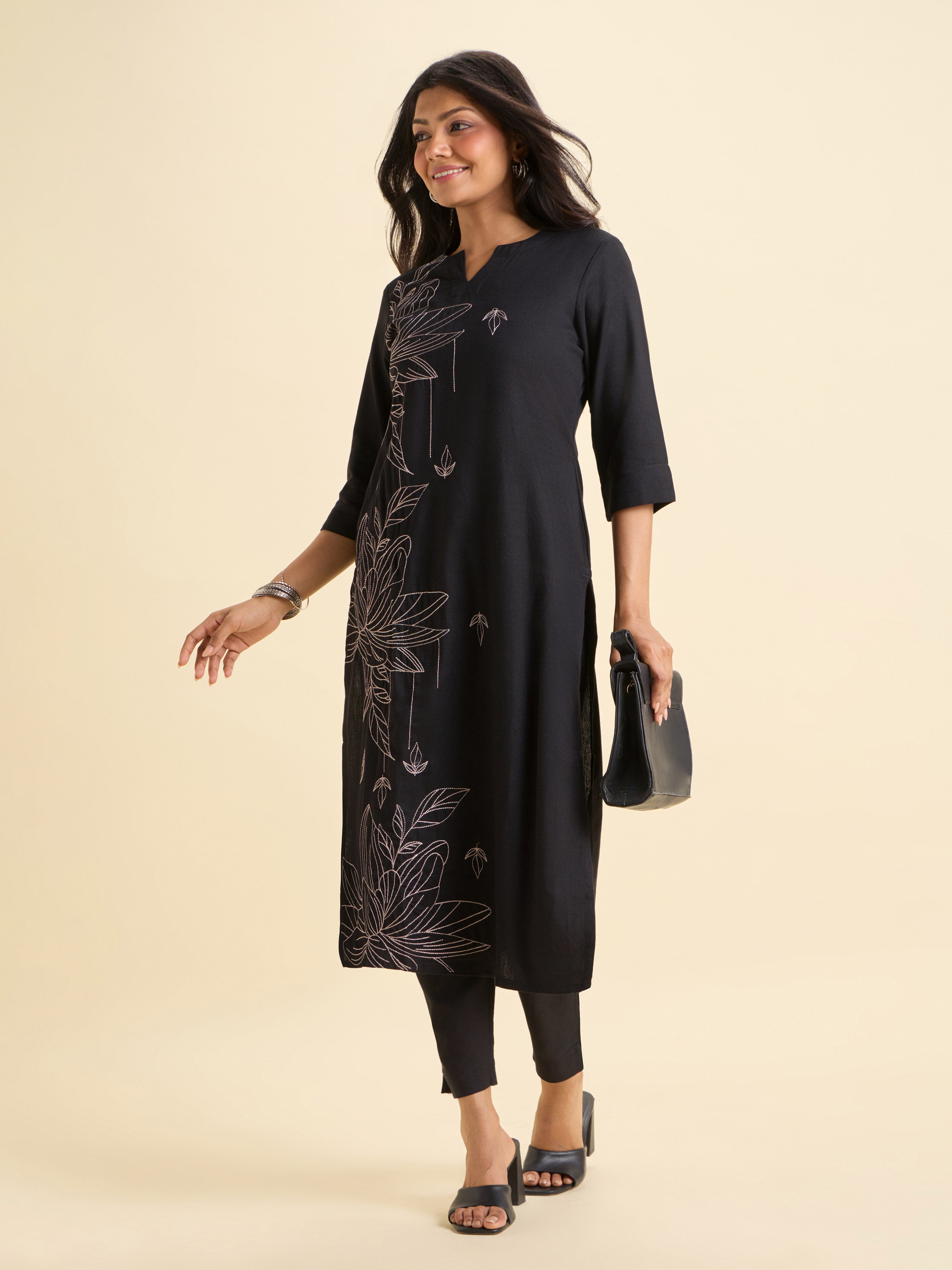 Black Viscose Linen Plain Slitted Kurti With Embroidery